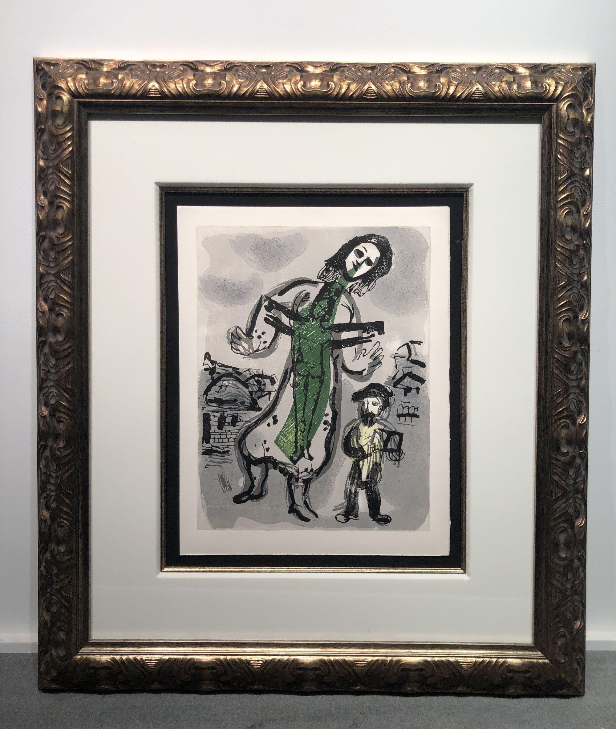 Où est le Jour (Where is the Day) is a woodcut on paper from Marc Chagall's Poèmes portfolio, published in 1968. The image size is 13 x 10 inches and the art is framed in an ornate, gold-tone frame. Unsigned as issued, from the edition of 238