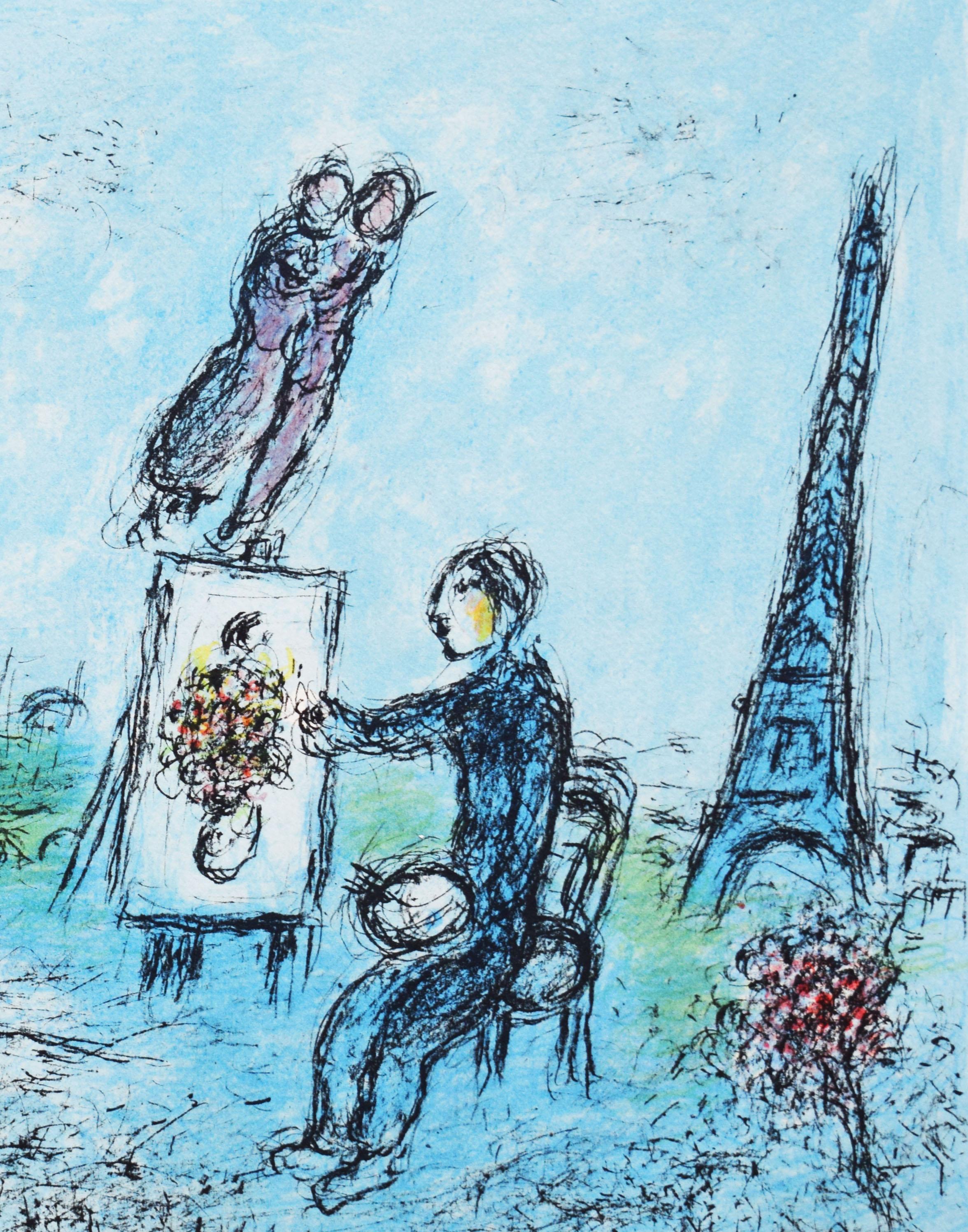 Der Maler und sein Double (2. Zustand) - Russisch-französisches Self-Portrait (Blau), Figurative Print, von Marc Chagall