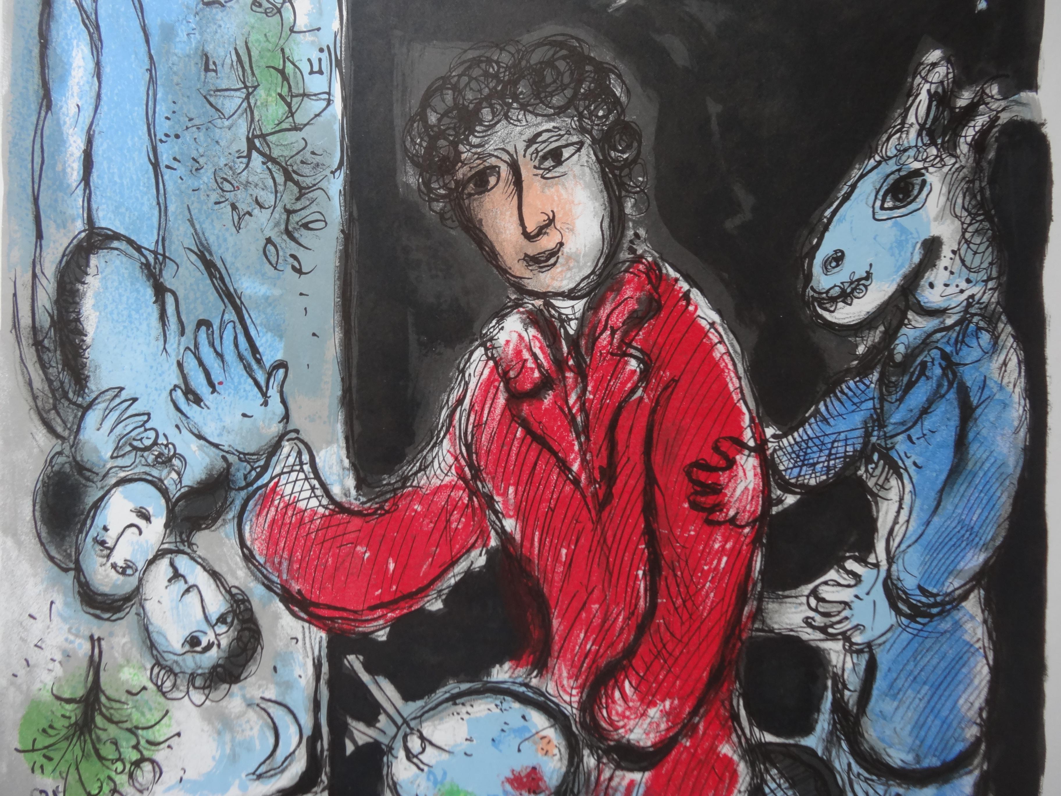 Painter in the Workshop (The Lovers) - Lithograph poster - Mourlot - Gray Figurative Print by Marc Chagall