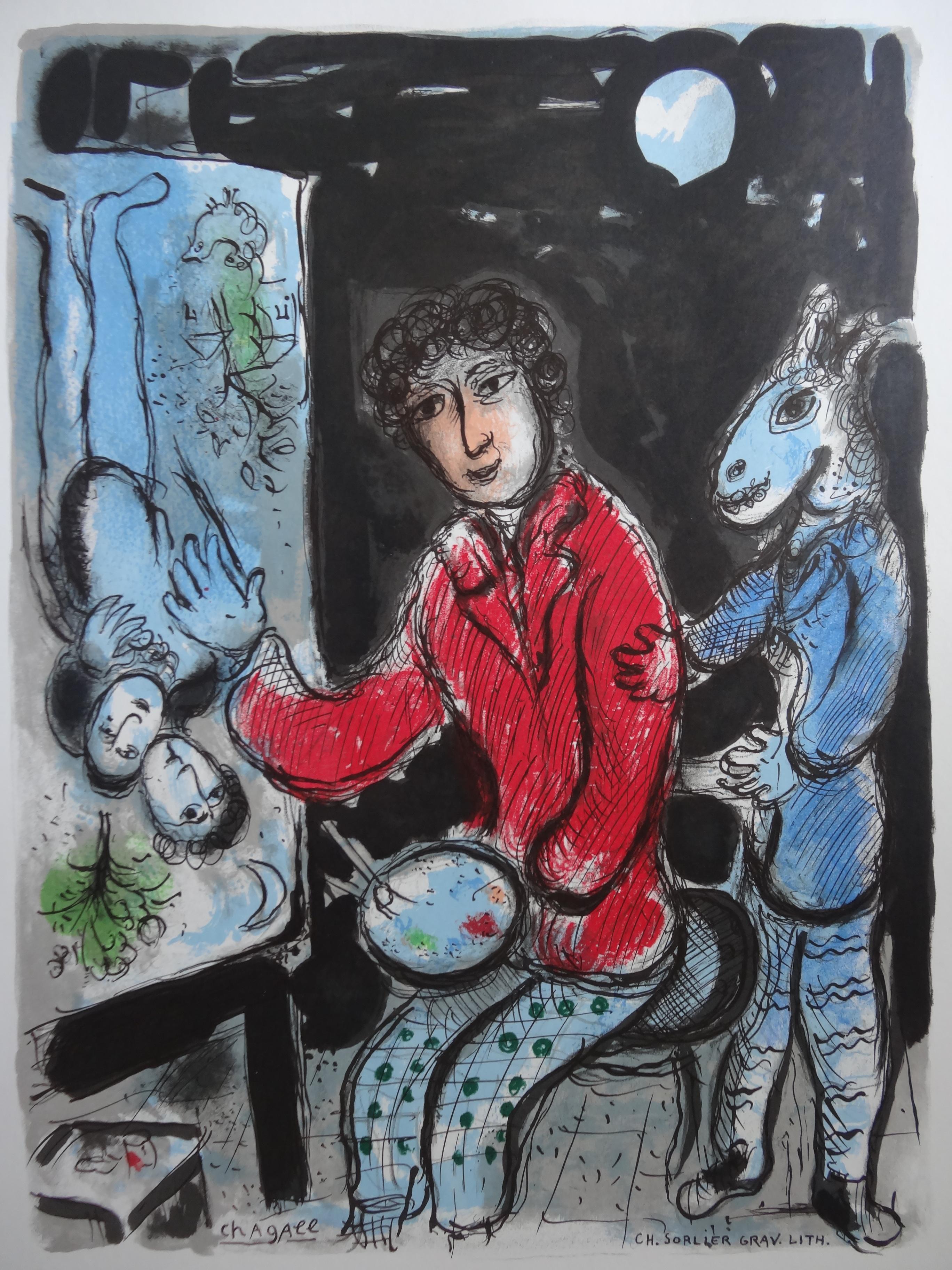 Marc Chagall Figurative Print - Painter in the Workshop (The Lovers) - Lithograph poster - Mourlot