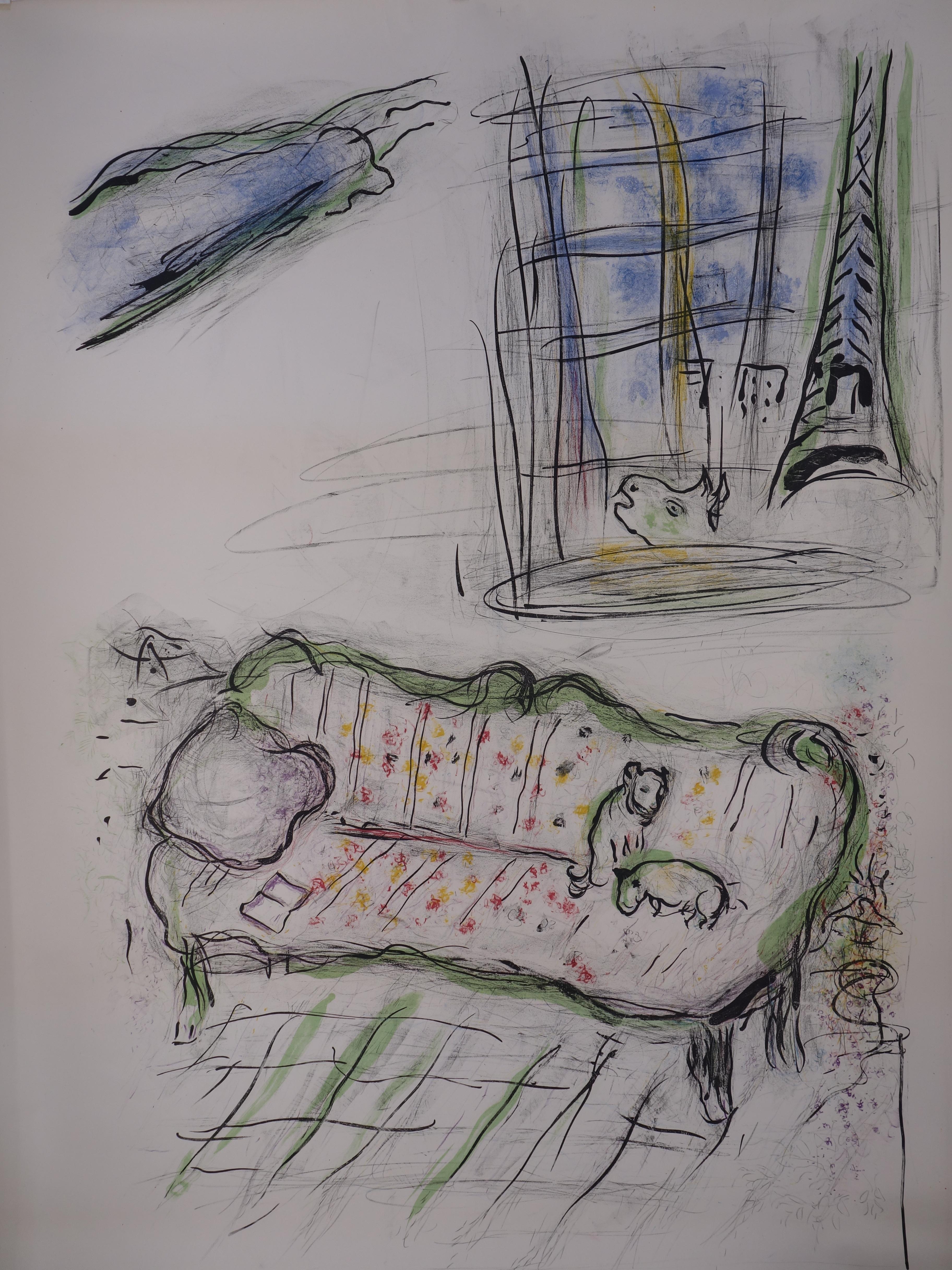 Marc Chagall Interior Print - Paris : Room with View on the Eiffel Tower - Original lithograph # 160 cm tall