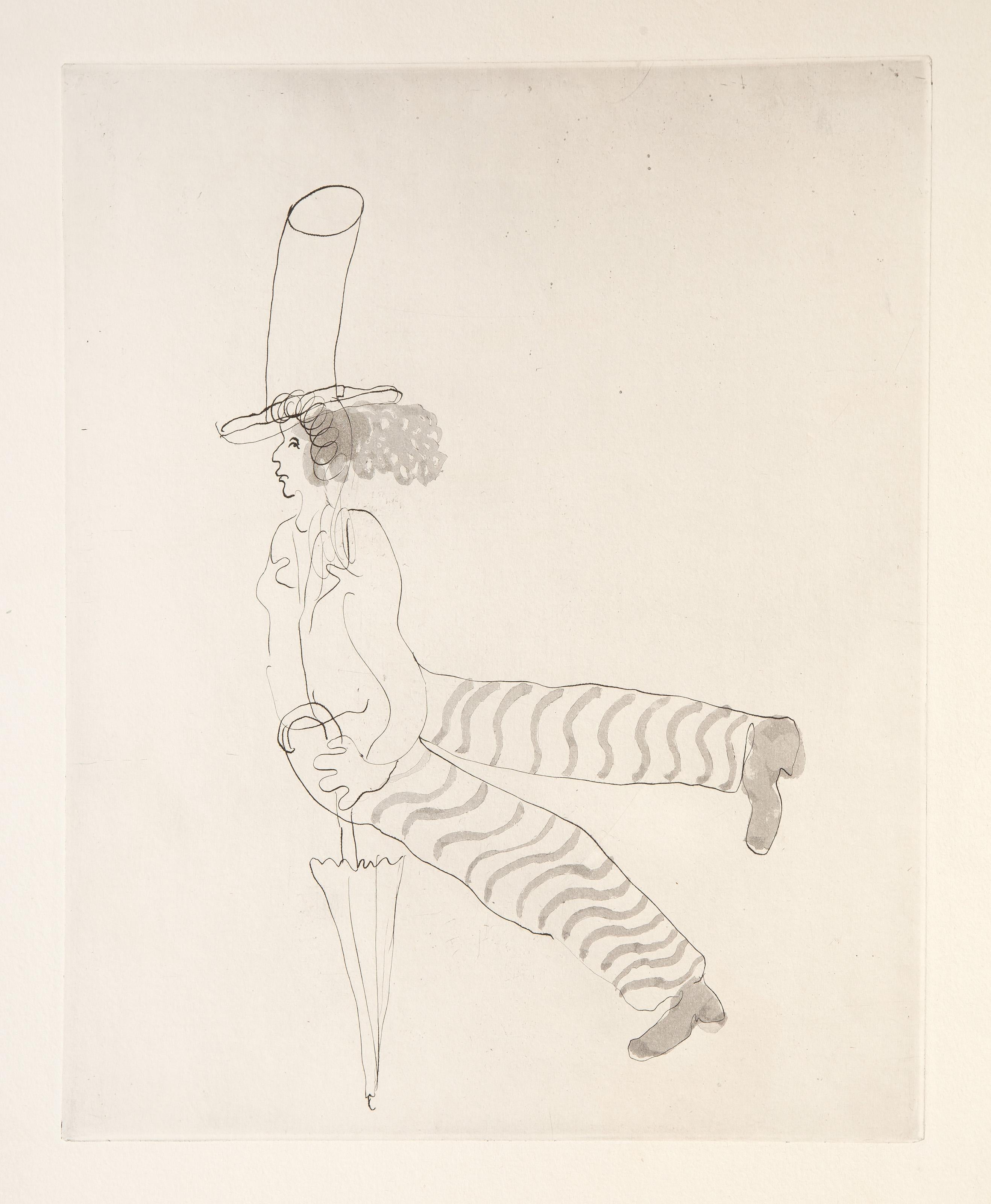  Marc Chagall, Russian (1887 - 1985) -  Pierrot avec Parapluie, Year: 1927, Medium: Etching and Aquatint on Richard de Bas, Image Size: 14.25 x 11.5 inches, Size: 22 x 16 in. (55.88 x 40.64 cm), Description: From the collection of the late Larry