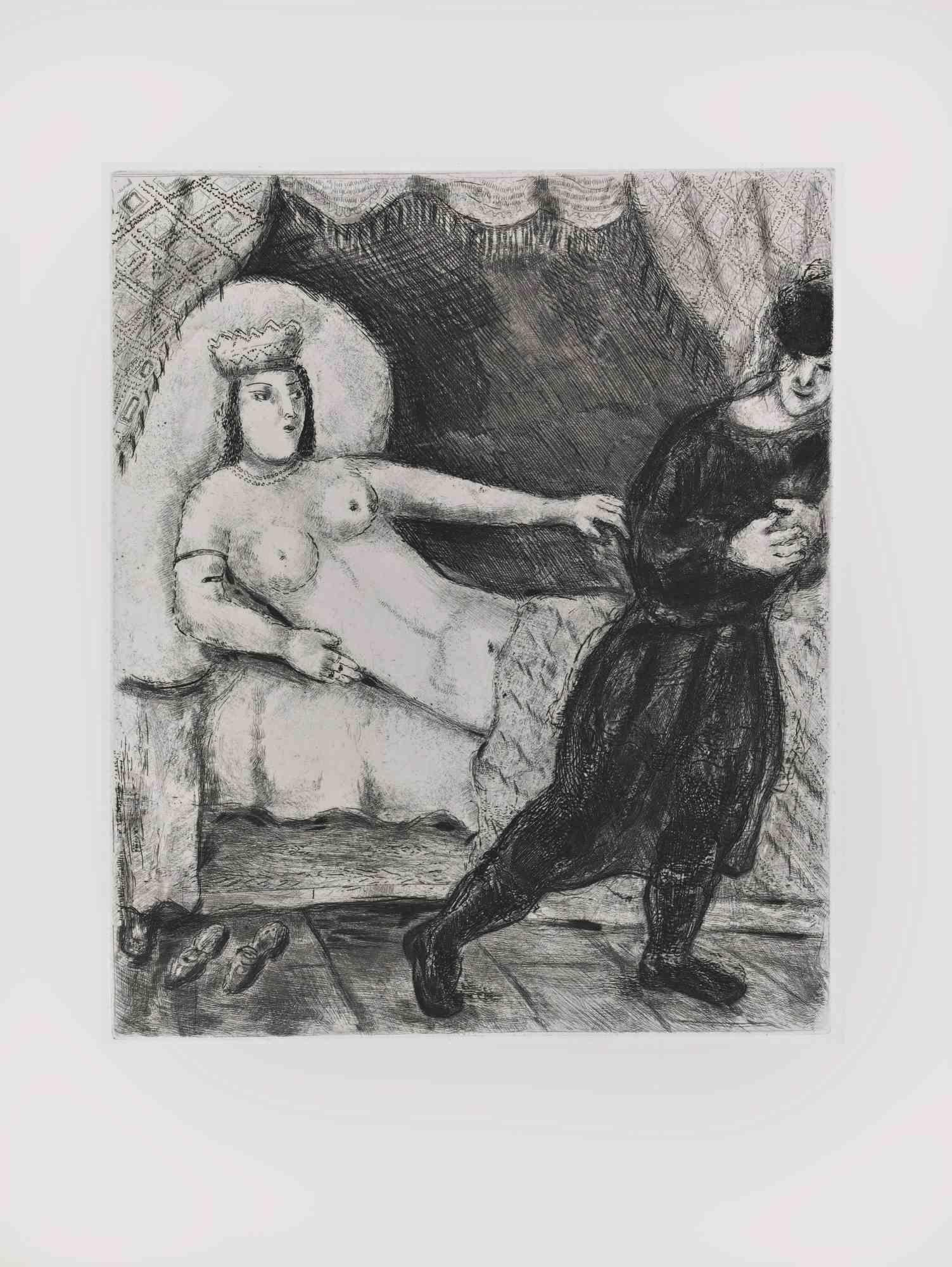 Etching on Montval wove paper, realized by Marc Chagall in 1931-39 and published by Tériade in 1956.

Belongs to the series "The Bible".

Edition of 275+30 out of commerce copies.

Not signed nor numbered, as issued.

Excellent impression with full