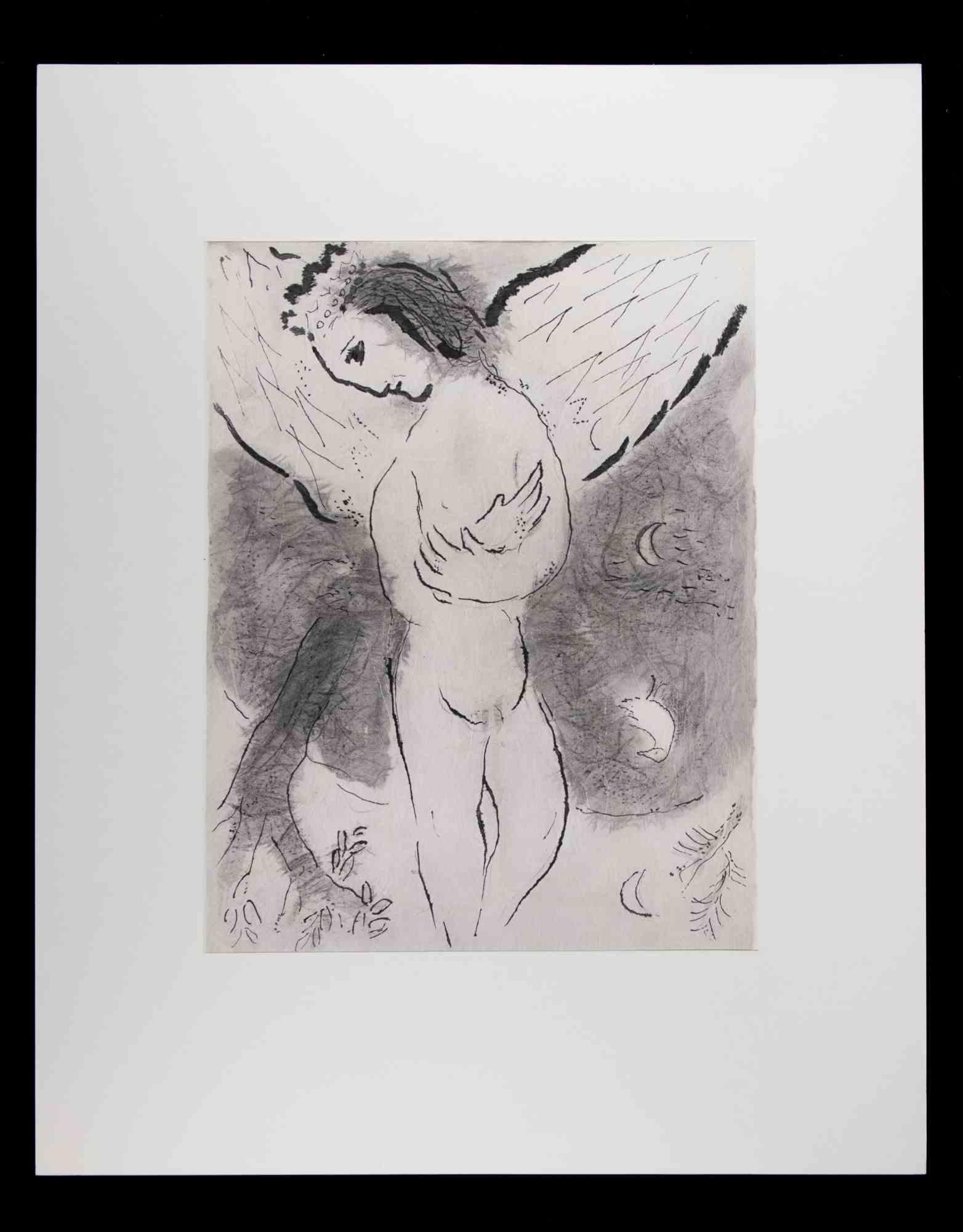 Psalm from Verve "Dessins pour la bible" is a splendid heliogravure realized by Marc Chagall in 1960s

Black and white héliogravure on paper.

This beautiful artwork belongs to the issue of Verve that includes the artworks that Marc Chagall made in