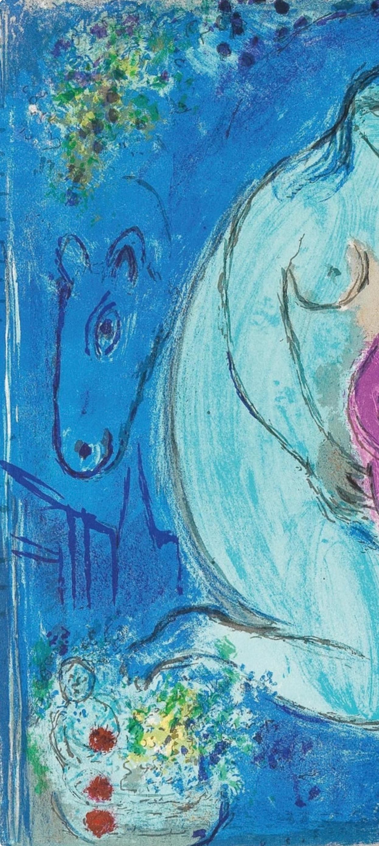 Quai de fleurs (Cramer 24; Mourlot 99), Derrière le miroir - Figurative Print Blu di Marc Chagall