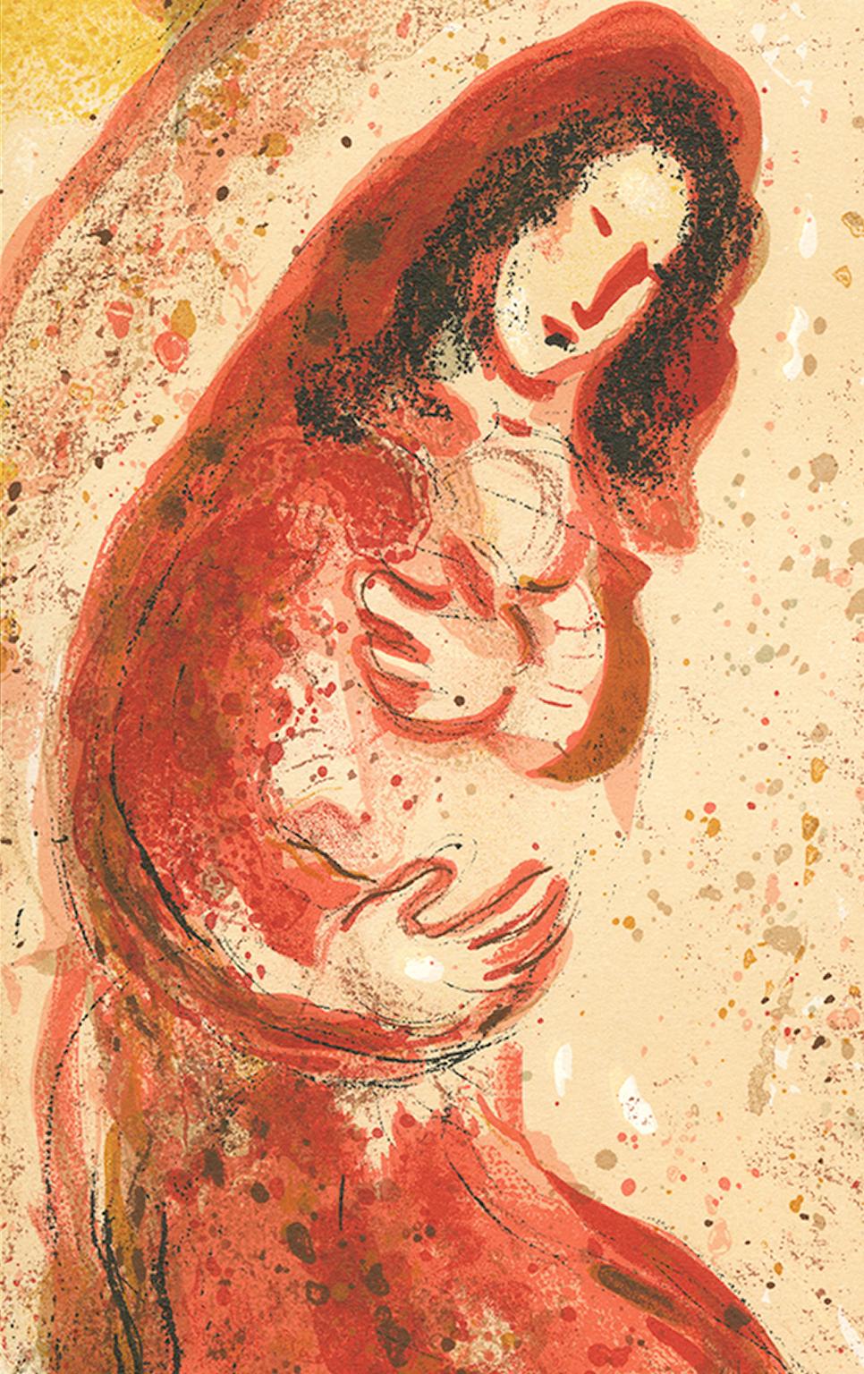 20e siècle lithographie en couleurs homme chameau femme personnages rouge jaune - Print de Marc Chagall