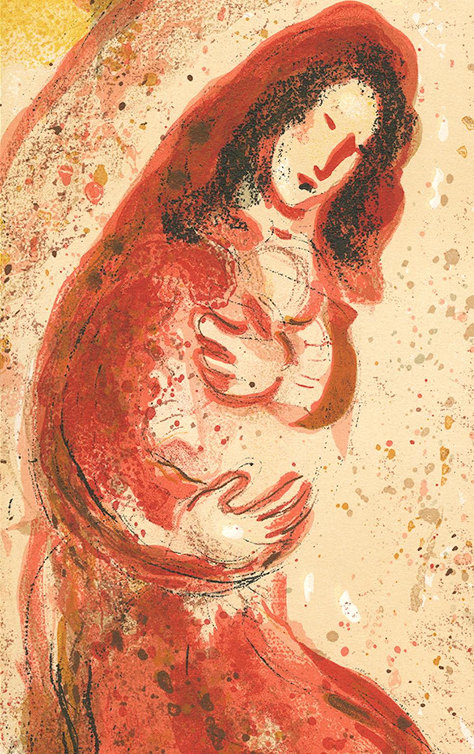 litografia a colori del XX secolo uomo cammello donna figure rosso giallo - Print di Marc Chagall