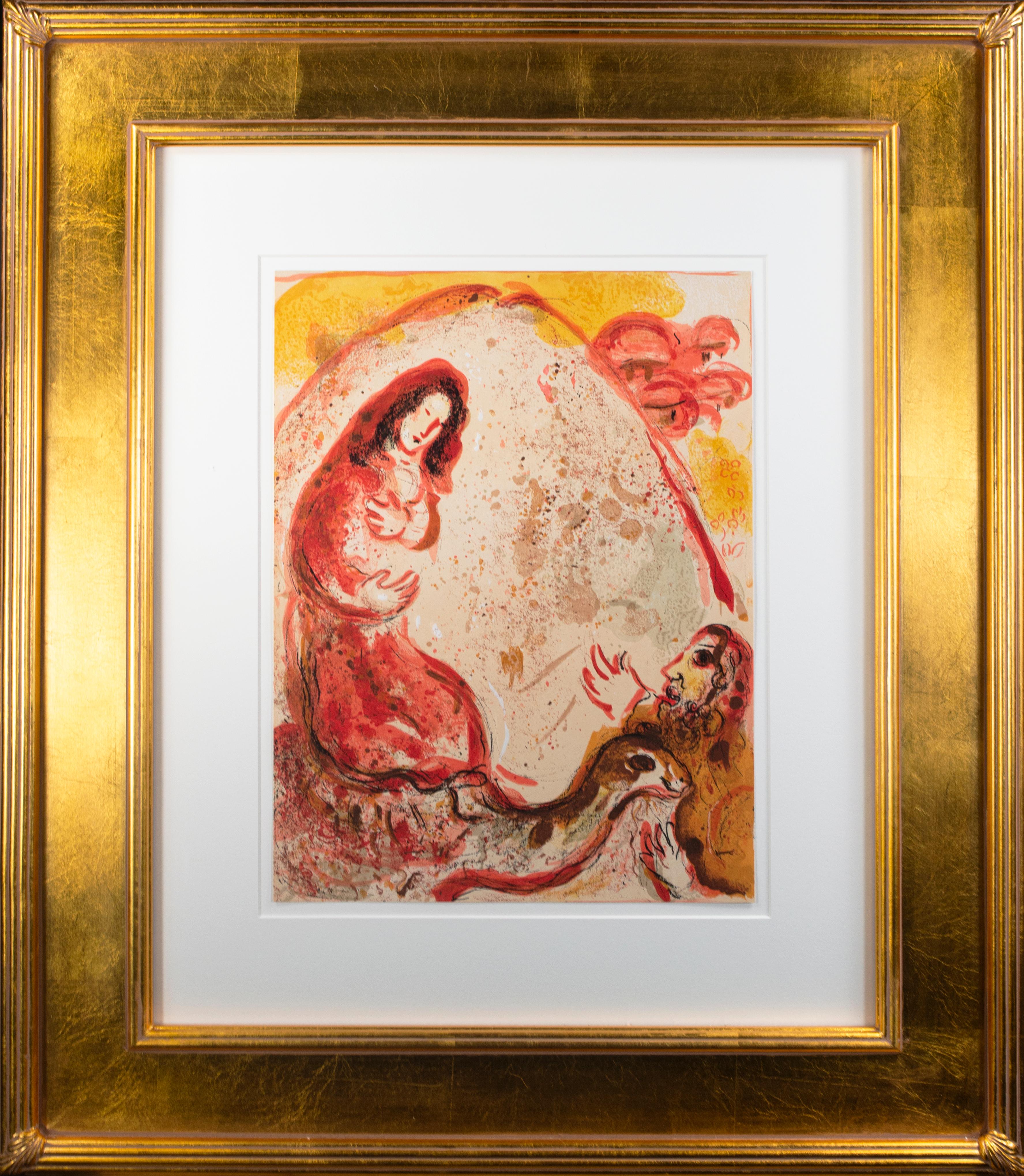 20e siècle lithographie en couleurs homme chameau femme personnages rouge jaune - Orange Figurative Print par Marc Chagall