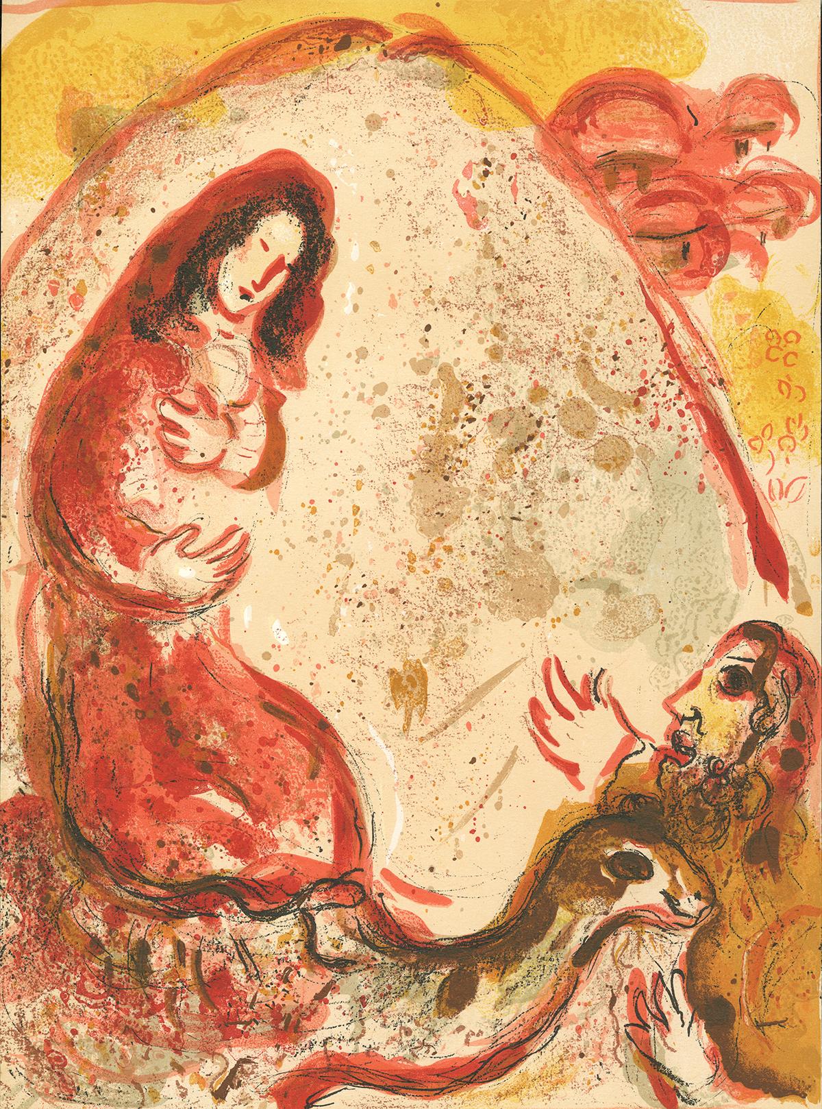 Marc Chagall Figurative Print - "Rachel Dérobe les Idoles de son Père (Rachel Hides her Father's Idols)" Chagall