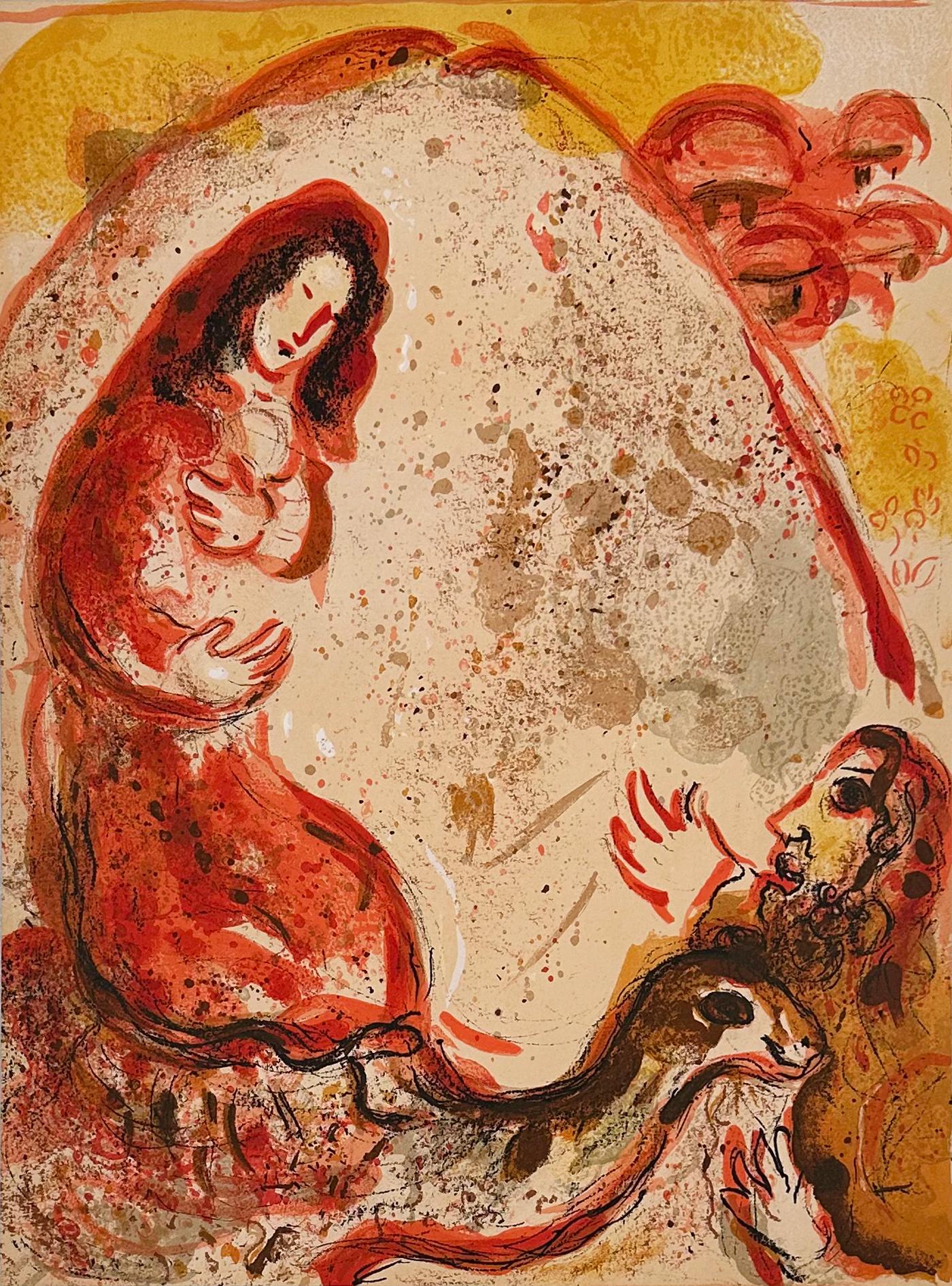 Figurative Print de Marc Chagall - Raquel esconde los enseres domésticos de su padre, de 1960 Dibujos para la Biblia