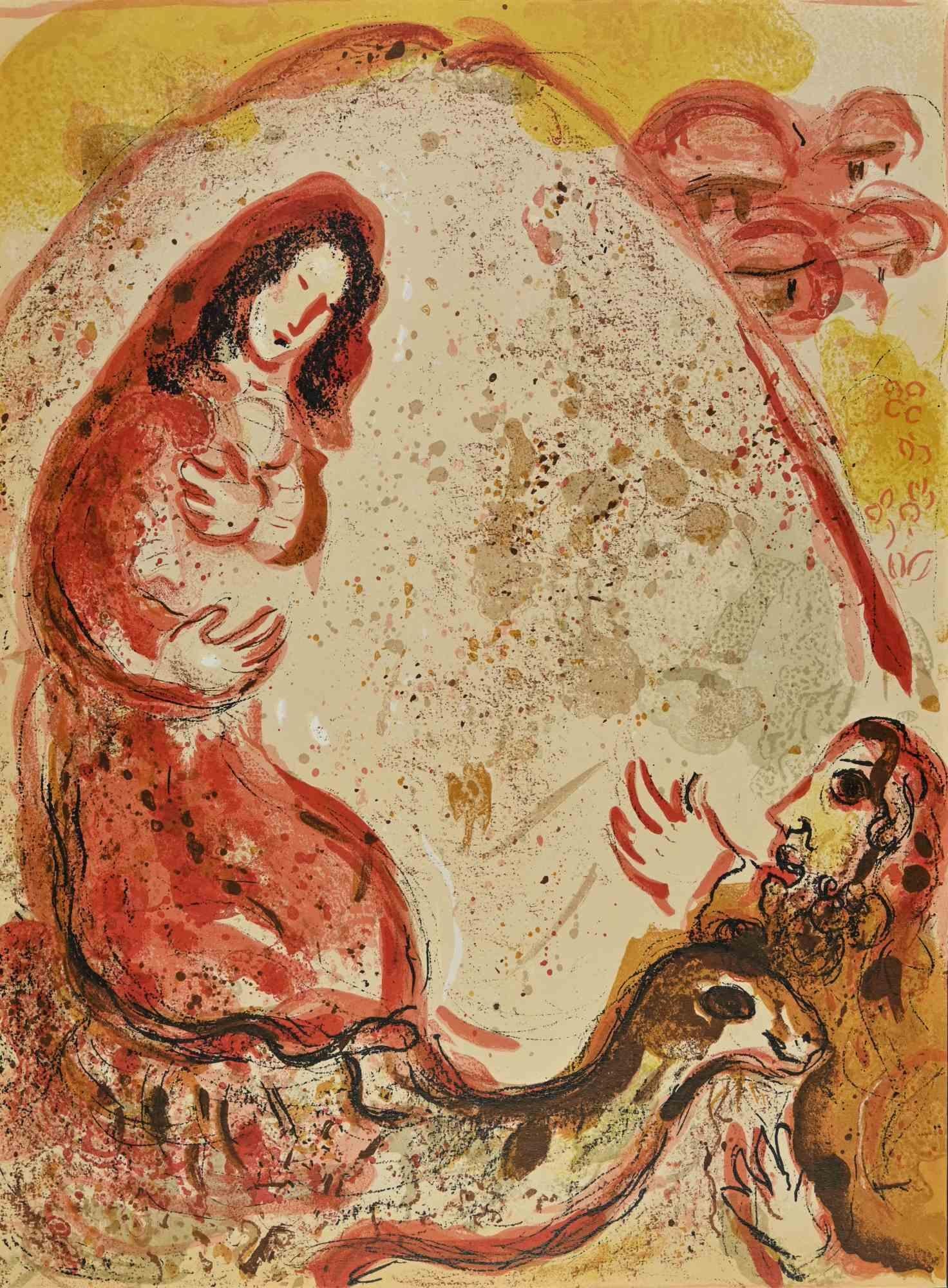 Rachel hides her father's housold gods  is a an artwork from the Series "The Bible", realized by Marc Chagall in 1960.

Mixed colored lithograph on brown-toned paper, no signature.

Edition of 6500 unsigned lithographs. Printed by Mourlot and