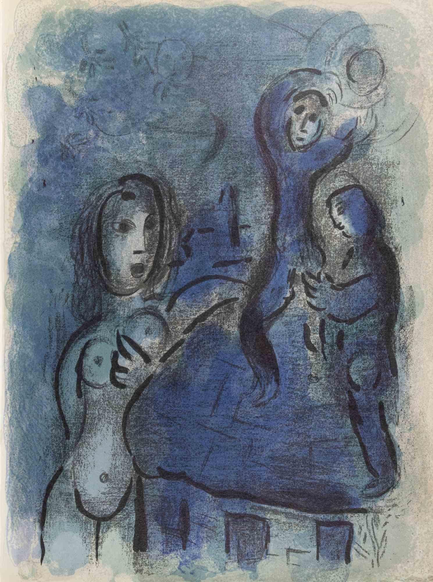 Color lithograph realized by Marc Chagall in 1960 to illustrate "The Bible". 

Edition of 6500, published by Tériade in no. 33 and 34 of the Art Magazine Verve.

Printed by Mourlot and Draeger Frères, Paris.

Ref. Cramer Books 25; Mourlot 117-146