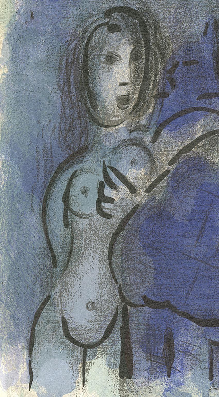 20th century color lithograph man and woman nude figure blue expressionist - Print by Marc Chagall