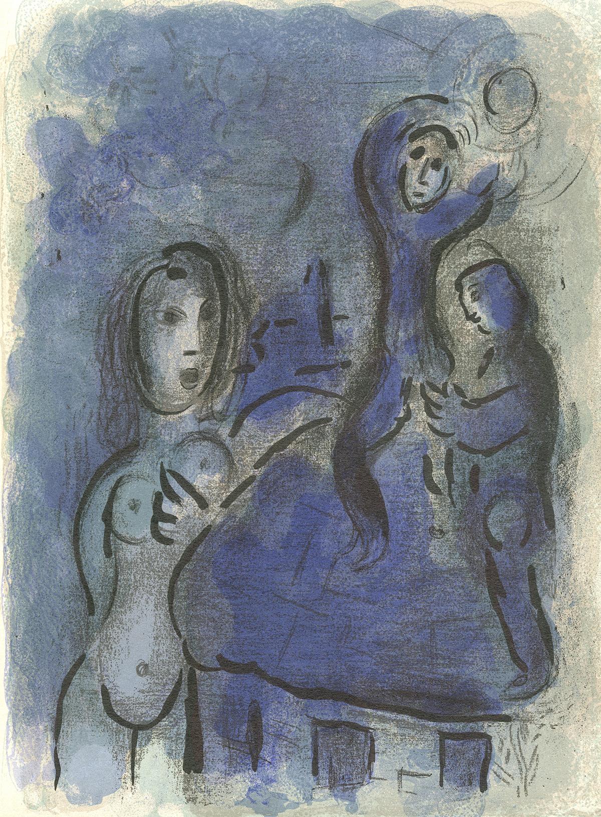Marc Chagall Figurative Print - 20th century color lithograph man and woman nude figure blue expressionist