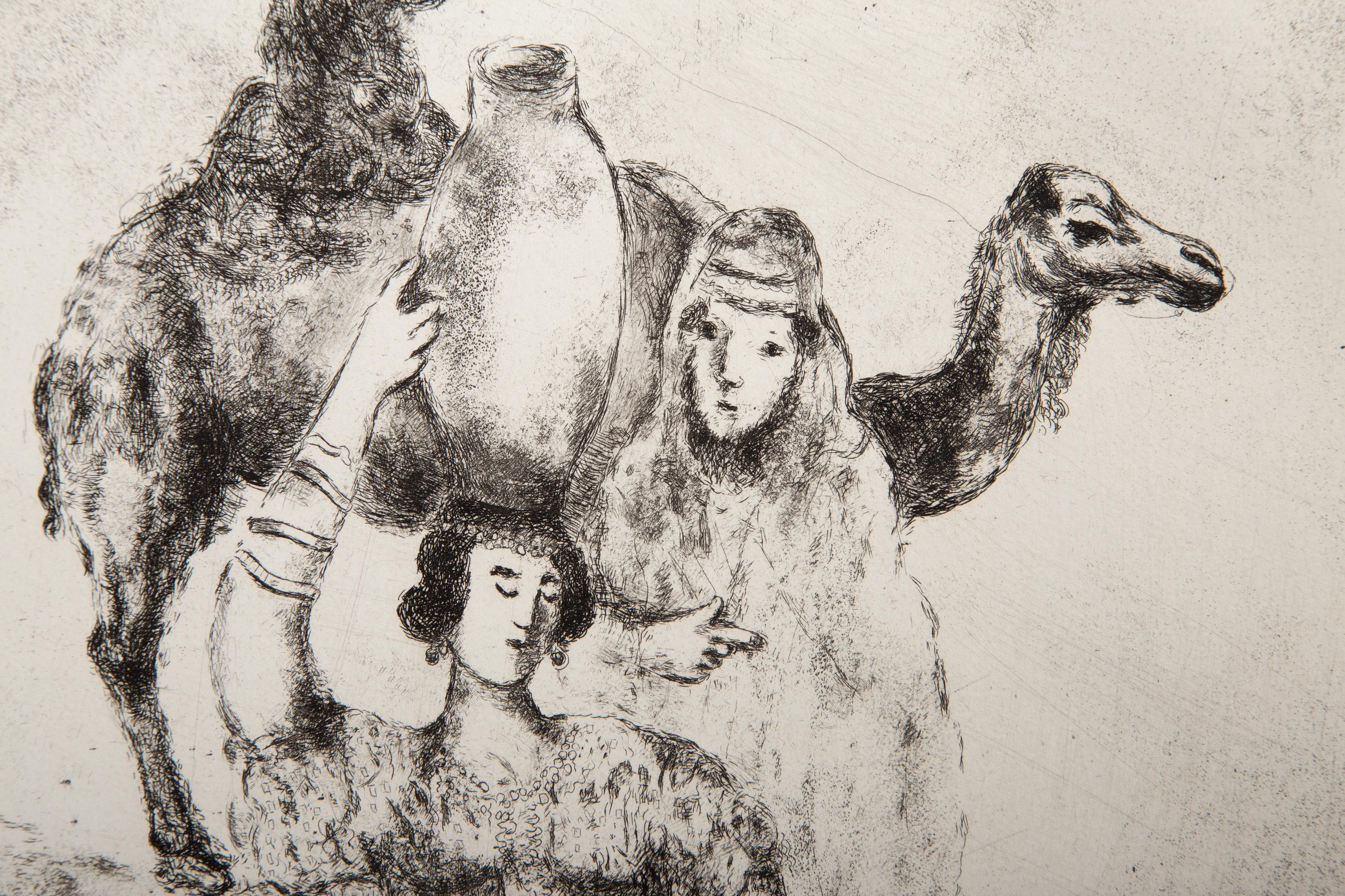  Marc Chagall, Russian (1887 - 1985) -  Rebecca at the Well, Portfolio: Bible Series, Year: 1956, Medium: Etching on Montval, Edition: 295, Image Size: 11.75 x 9.25 inches, Size: 17.25 x 13 in. (43.82 x 33.02 cm), Printer: Maurice Potin, Paris,