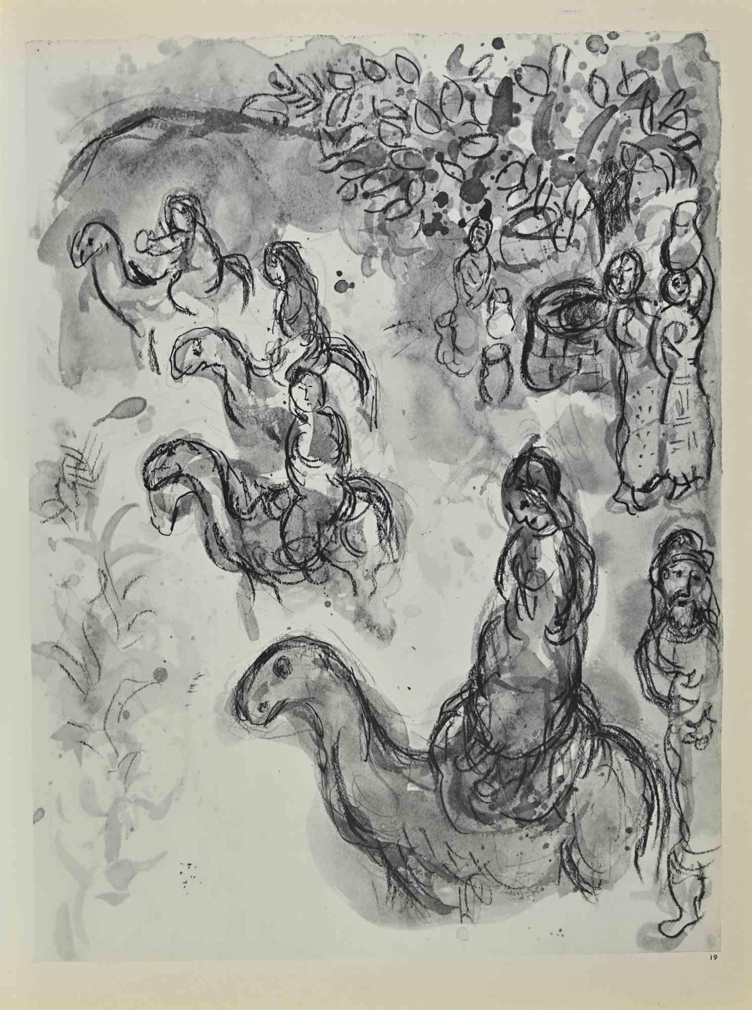 Rebekah deja a su familia es una obra de arte realizada por March Chagall, en la década de 1960.

Litografía sobre papel de color marrón, sin firma.

Litografía en ambas hojas.

Edición de 6500 litografías sin firmar. Impreso por Mourlot y publicado