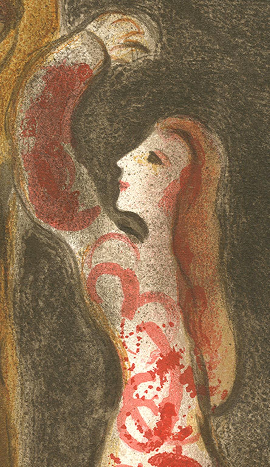 20e siècle couleur brun foncé lithographie homme et femme personnages rouge jaune - Print de Marc Chagall