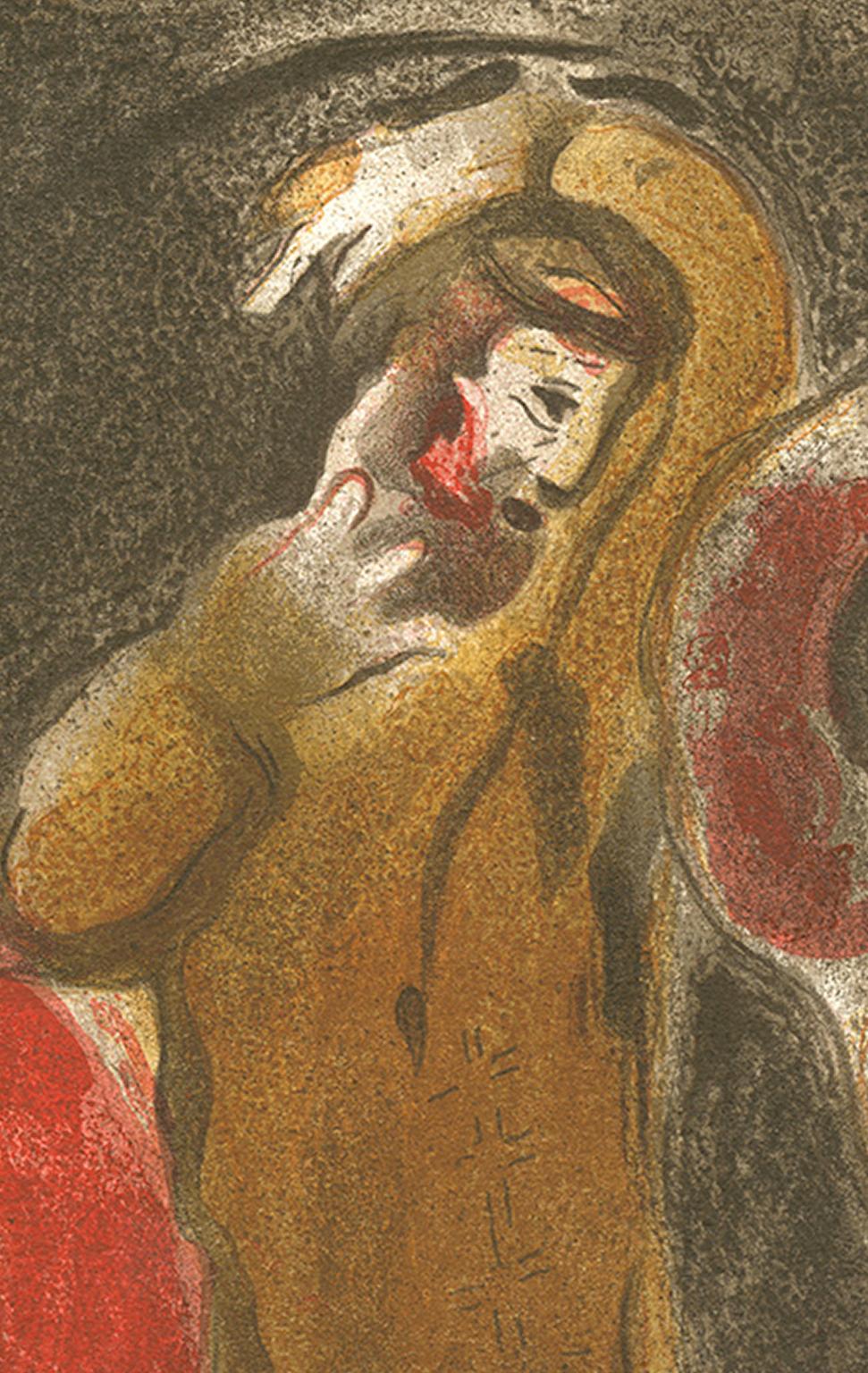 20e siècle couleur brun foncé lithographie homme et femme personnages rouge jaune - Surréalisme Print par Marc Chagall