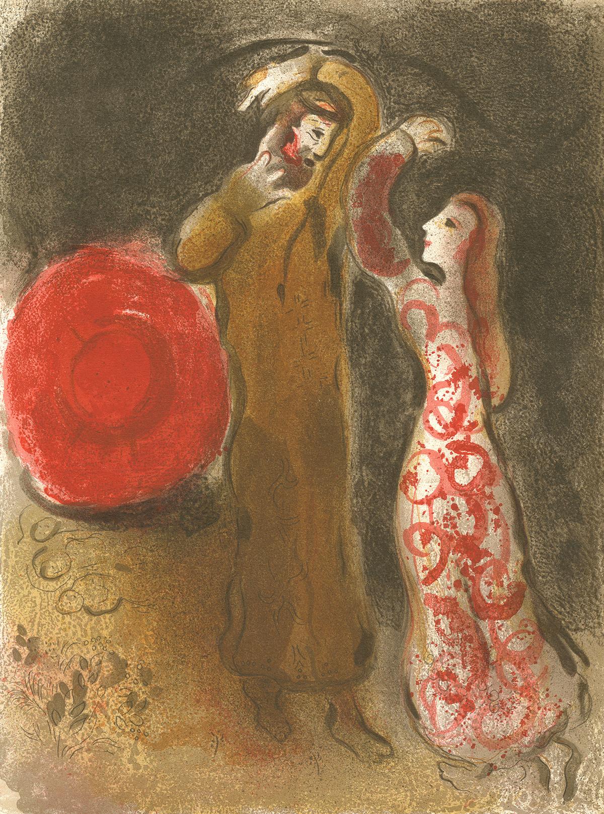 Figurative Print Marc Chagall - 20e siècle couleur brun foncé lithographie homme et femme personnages rouge jaune