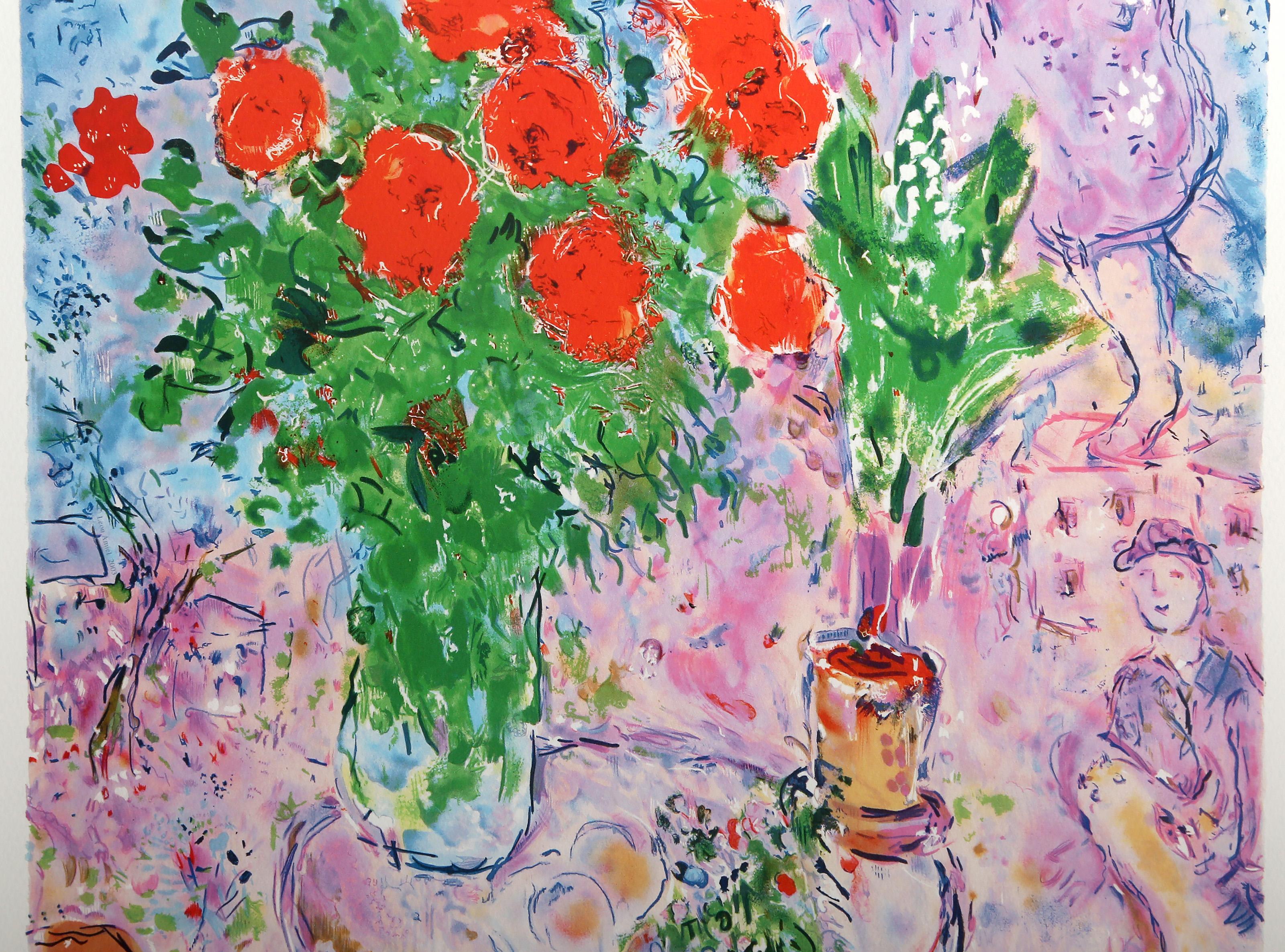 Red Bouquet with Lovers, Modern Giclee on Paper after Marc Chagall For Sale 2