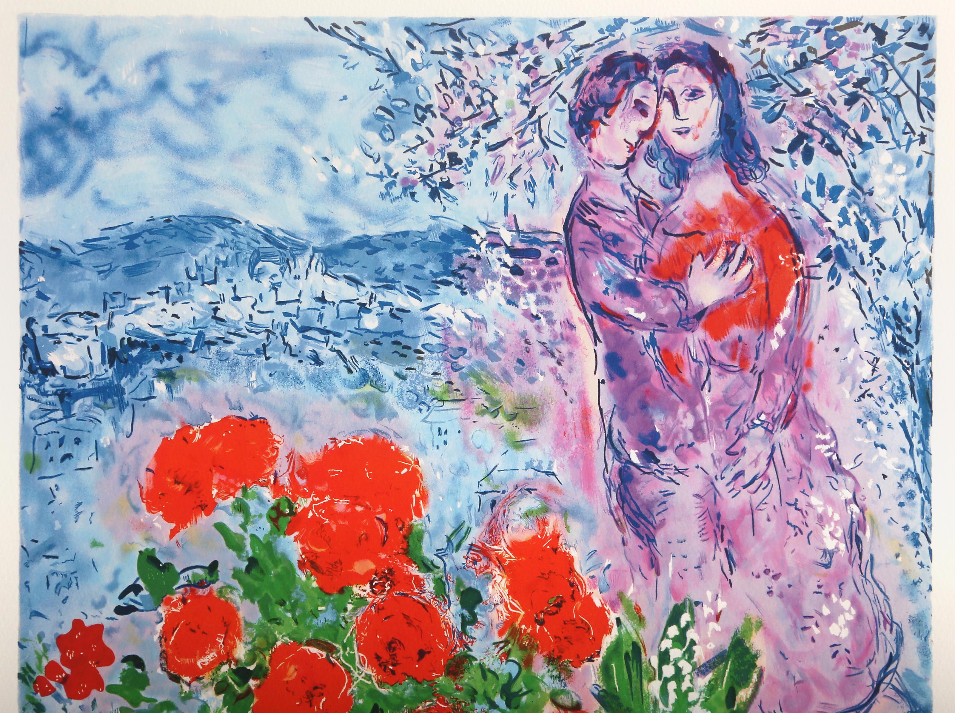 Red Bouquet with Lovers, Modern Giclee on Paper after Marc Chagall For Sale 3