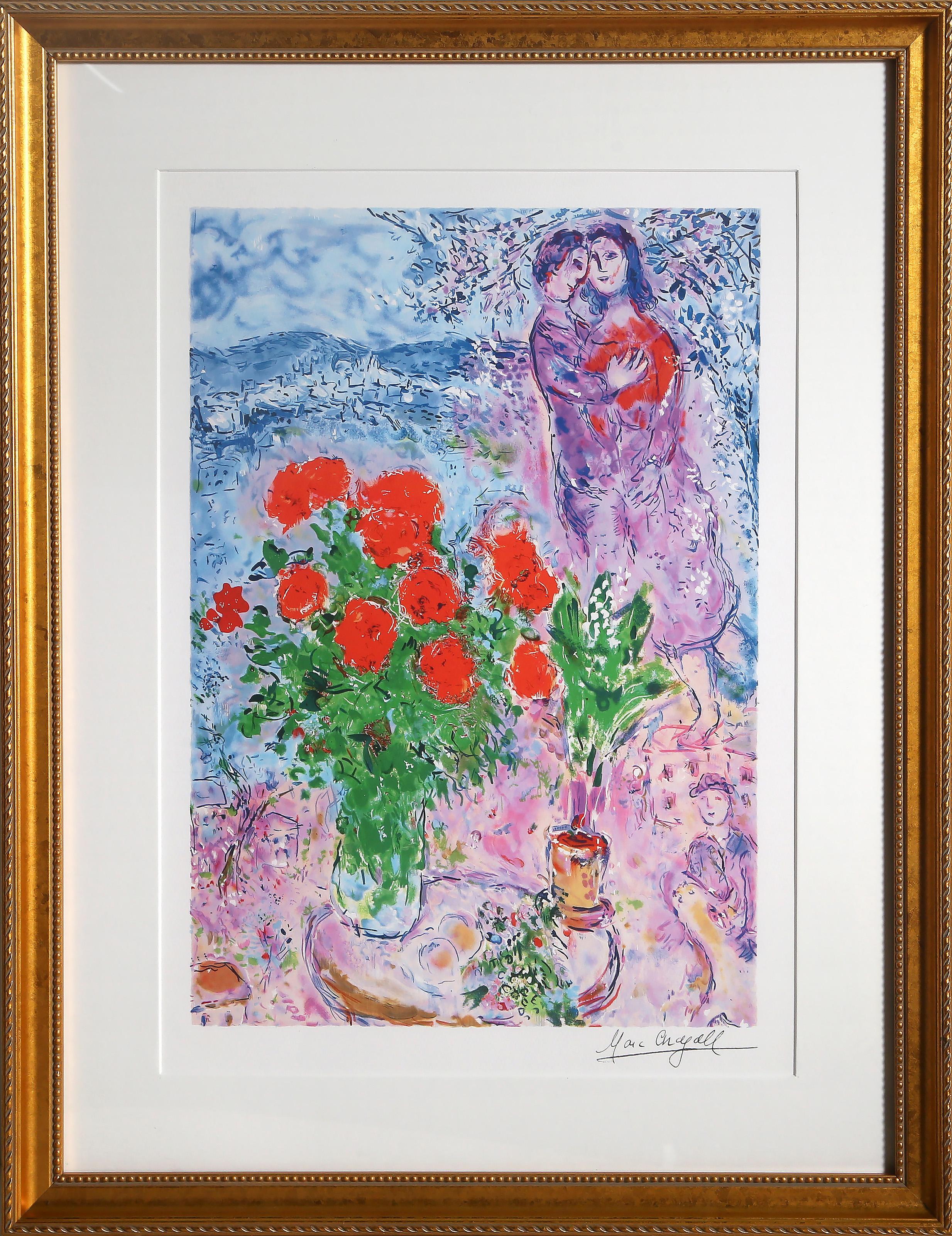 Marc Chagall, After, Russian (1887 - 1985) - Red Bouquet with Lovers, Medium:  Giclee on paper, facsimile signed in plate, Edition:  P/P, Image Size:  19 x 13 inches, Size:  24 x 18 in. (60.96 x 45.72 cm), Frame Size:  28 x 21.5 inches, Description: