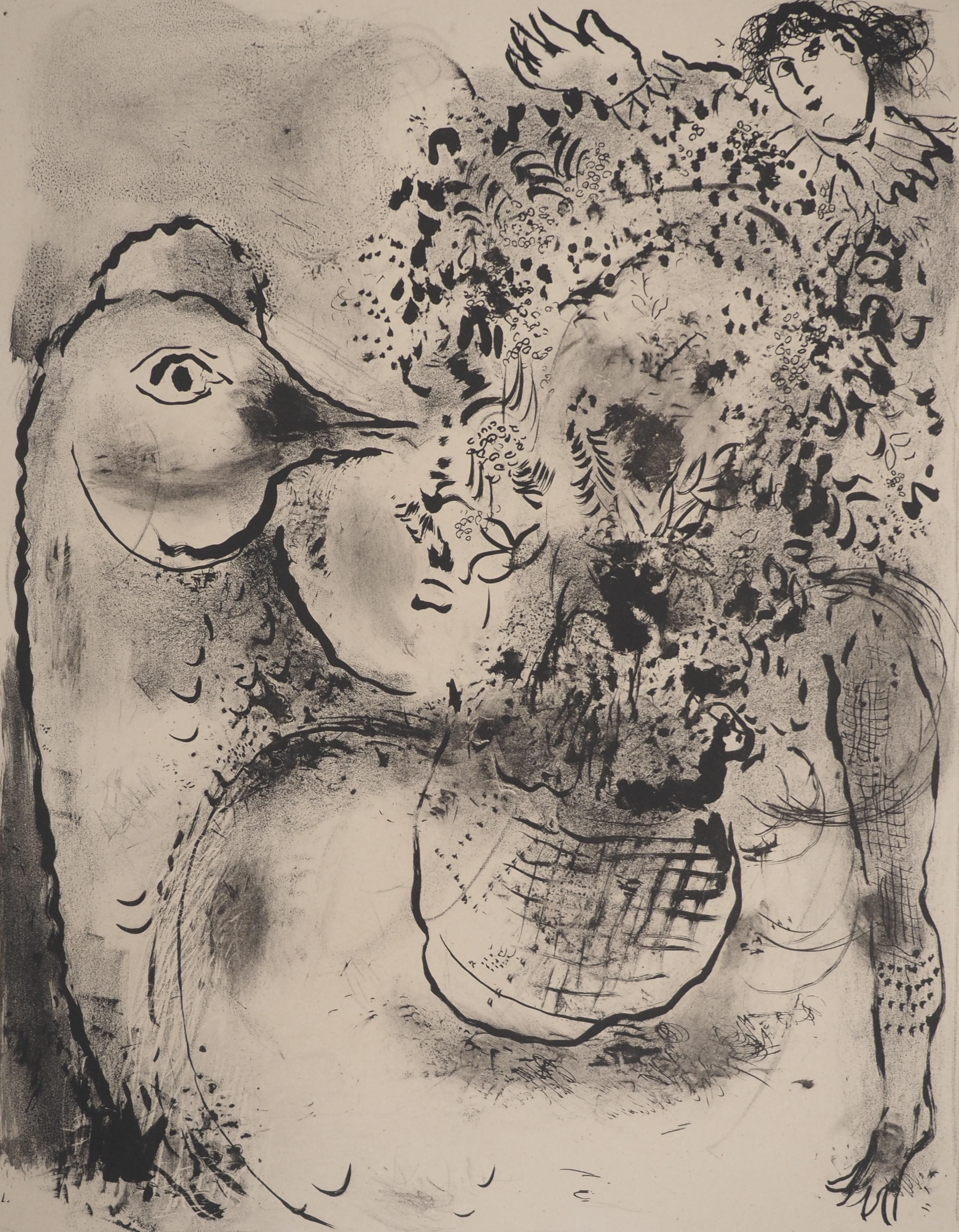 Rooster, Bouquet and Acrobat - Stone lithograph (Mourlot #63) - Print by Marc Chagall