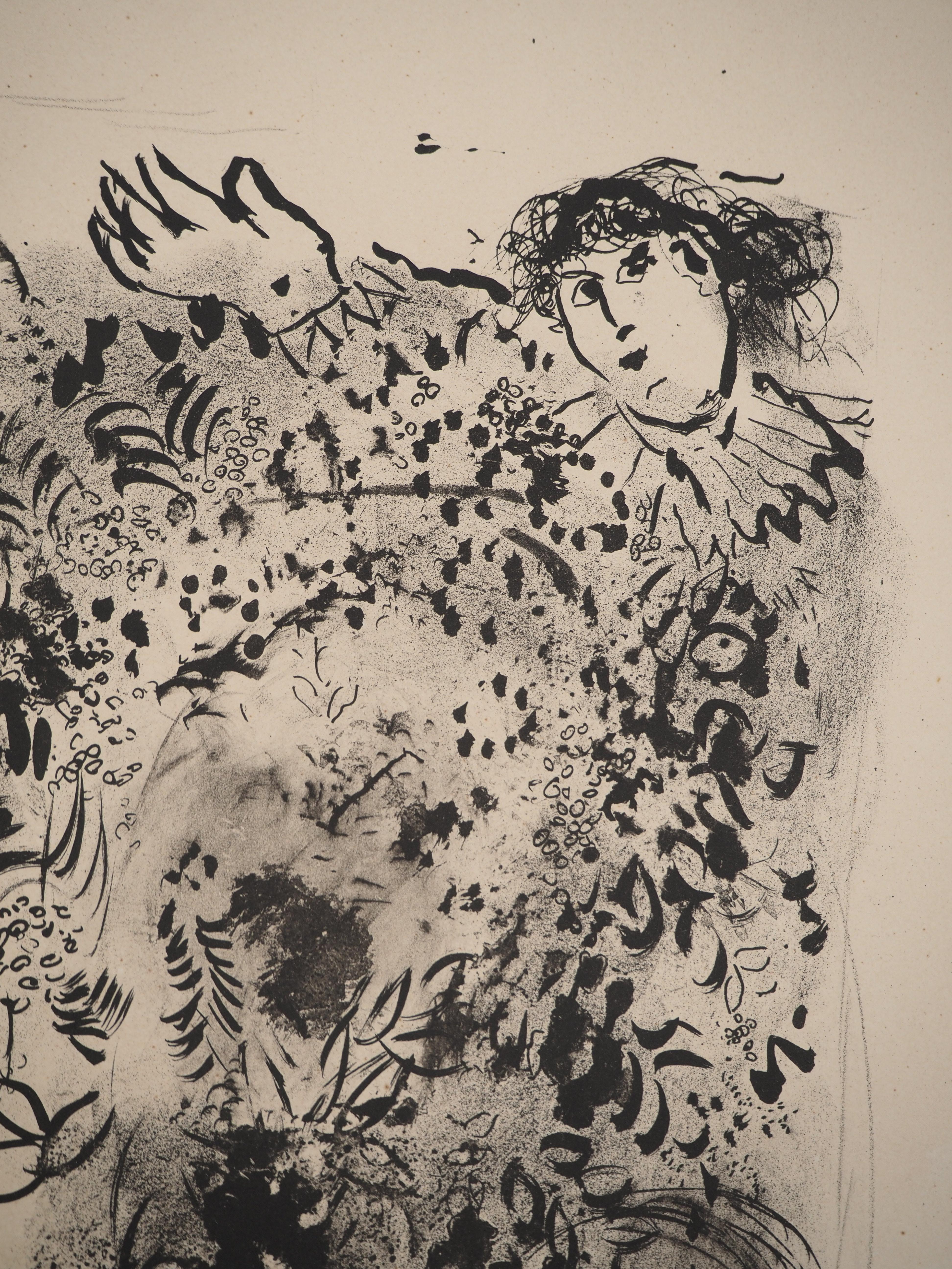 Rooster, Bouquet and Acrobat - Stone lithograph (Mourlot #63) - Brown Figurative Print by Marc Chagall