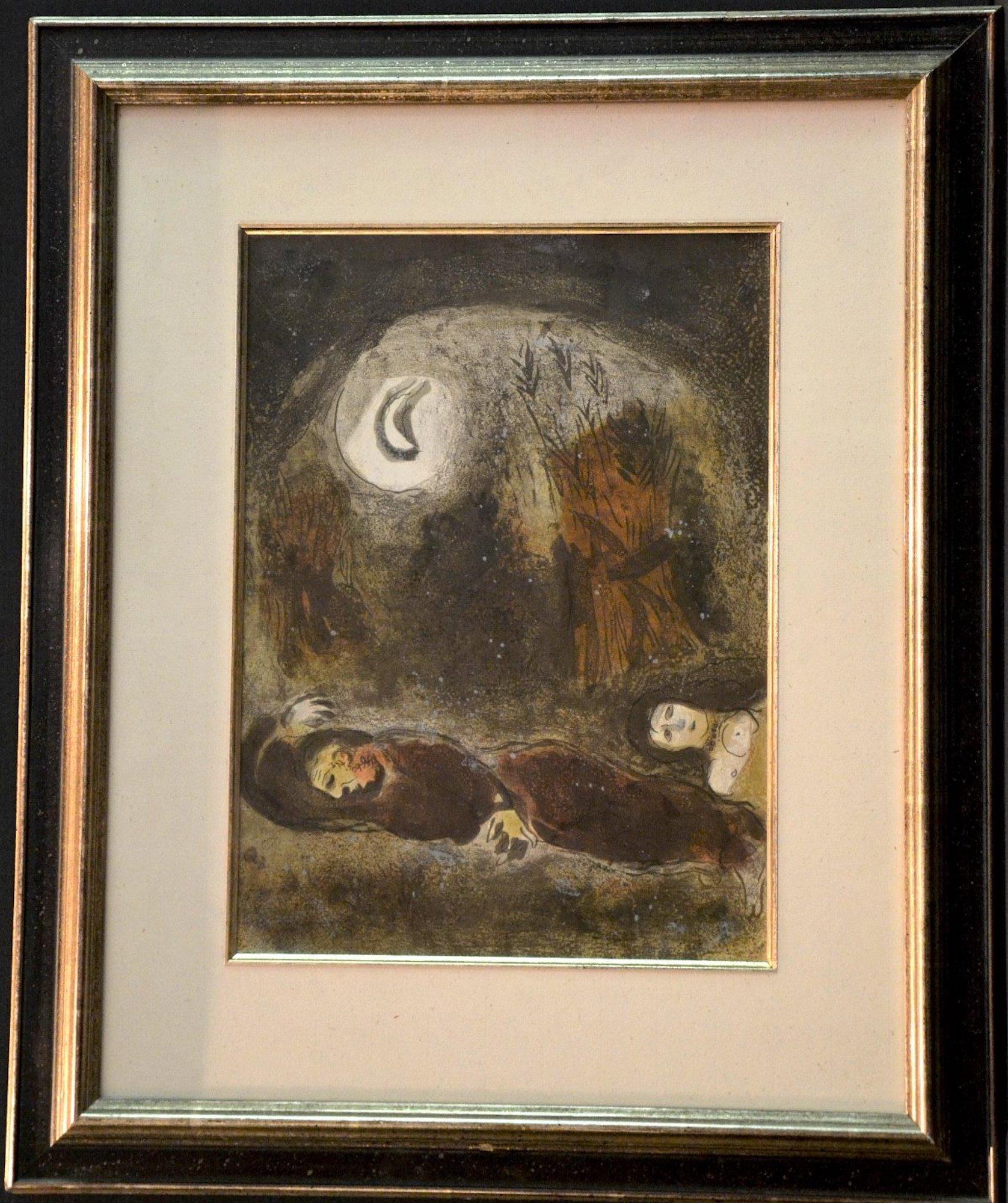 Ruth zu Füßen von Boaz – aus der Serie „Illustrationen für die Bibel“ –  1960 (Surrealismus), Print, von Marc Chagall