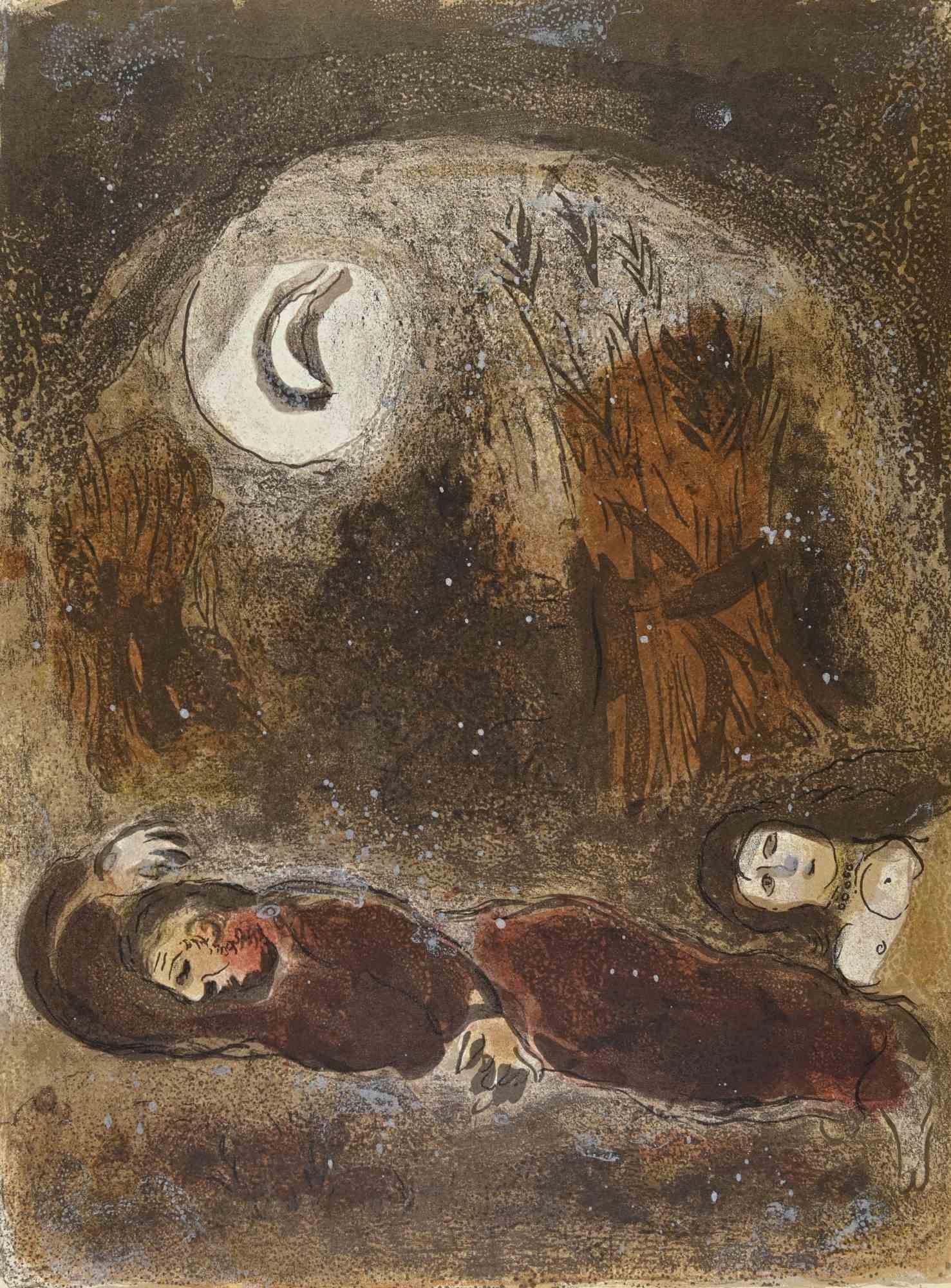 Ruth at the feet of Boaz  is an artwork from the Series "The Bible", by Marc Chagall in 1960.
Mixed colored lithograph on brown-toned paper, no signature.
Edition of 6500 unsigned lithographs. Printed by Mourlot and published by Tériade, Paris.
Ref.