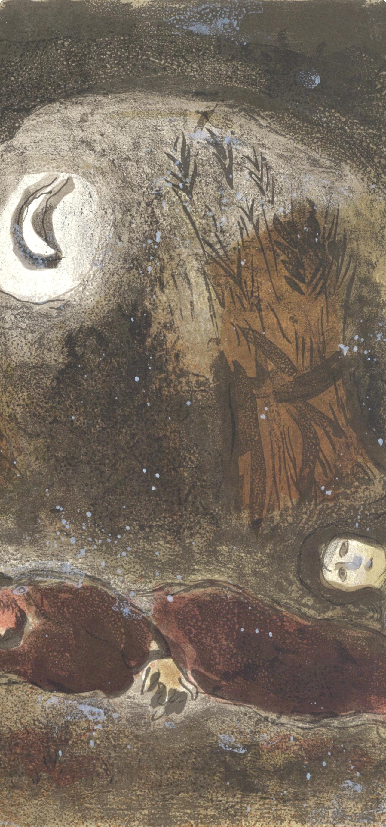 Ruth aux pieds de Booz (Mourlot 230-77; Cramer 42), Dessins Pour La Bible - Brown Figurative Print by Marc Chagall