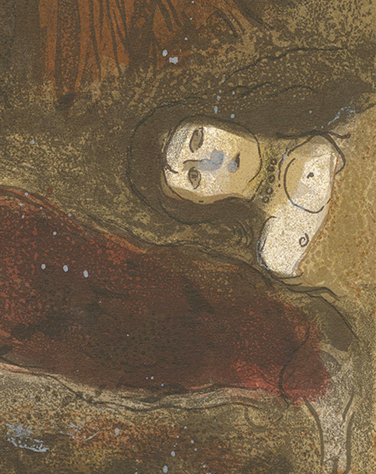 litografia a colori del 20° secolo, marrone scuro, figure addormentate, luna - Print Surrealismo di Marc Chagall