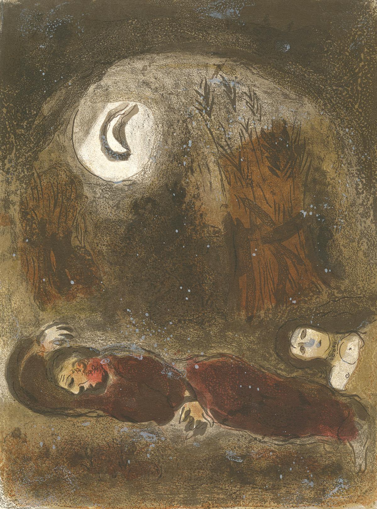 Marc Chagall Figurative Print - 20th century color lithograph dark brown reclined sleeping figures moon