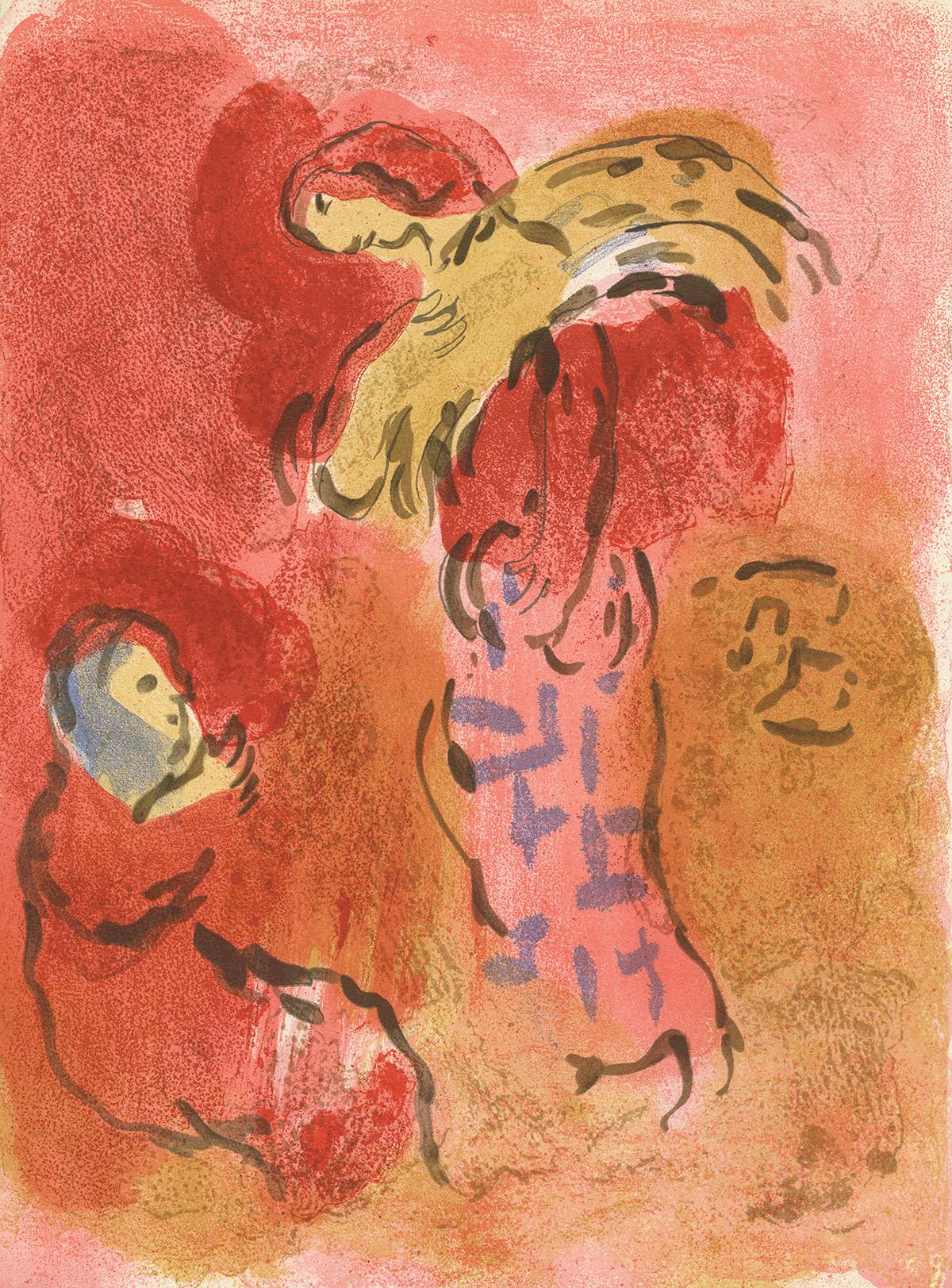 "Ruth Glaneuse (Ruth Gleaning), M 246/269" ist eine Originallithographie von Marc Chagall. Diese originale Farblithographie wurde von VERVE für das Buch "Dessins pour La Bible" entworfen und gedruckt. Es ist doppelseitig und auf der Rückseite mit