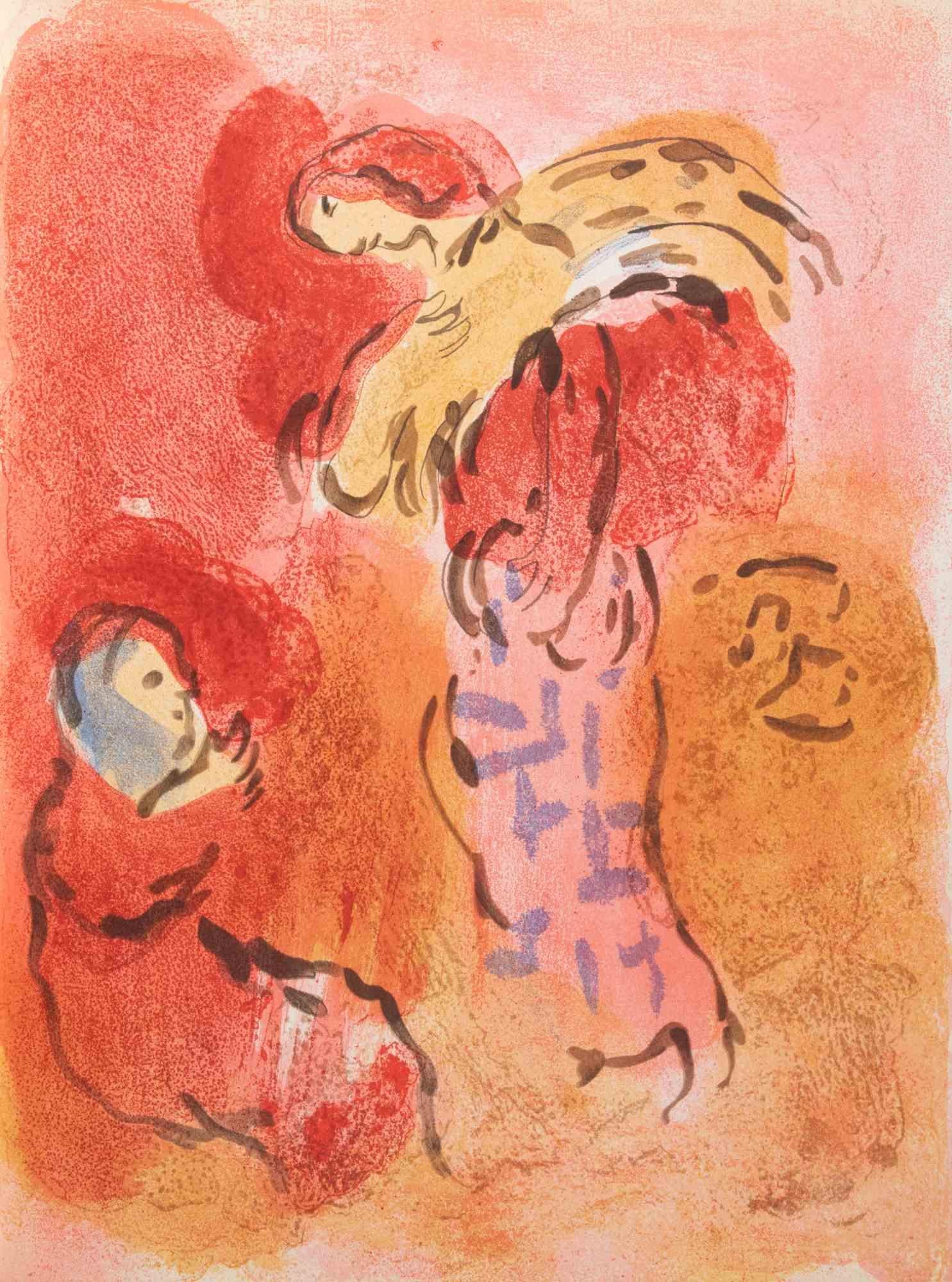 Color lithograph realized by Marc Chagall in 1960 to illustrate "The Bible". 

Edition of 6500, published by Tériade in no. 33 and 34 of the Art Magazine Verve.

Printed by Mourlot and Draeger Frères, Paris.

Ref. Cramer Books 25; Mourlot 117-146