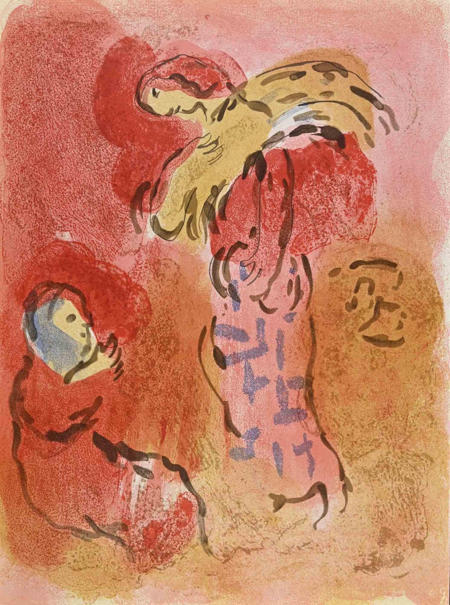 Ruth gleaning  is an artwork from the Series "The Bible", by Marc Chagall in 1960.
Mixed colored lithograph on brown-toned paper, no signature.
Edition of 6500 unsigned lithographs. Printed by Mourlot and published by Tériade, Paris.
Ref. Mourlot,