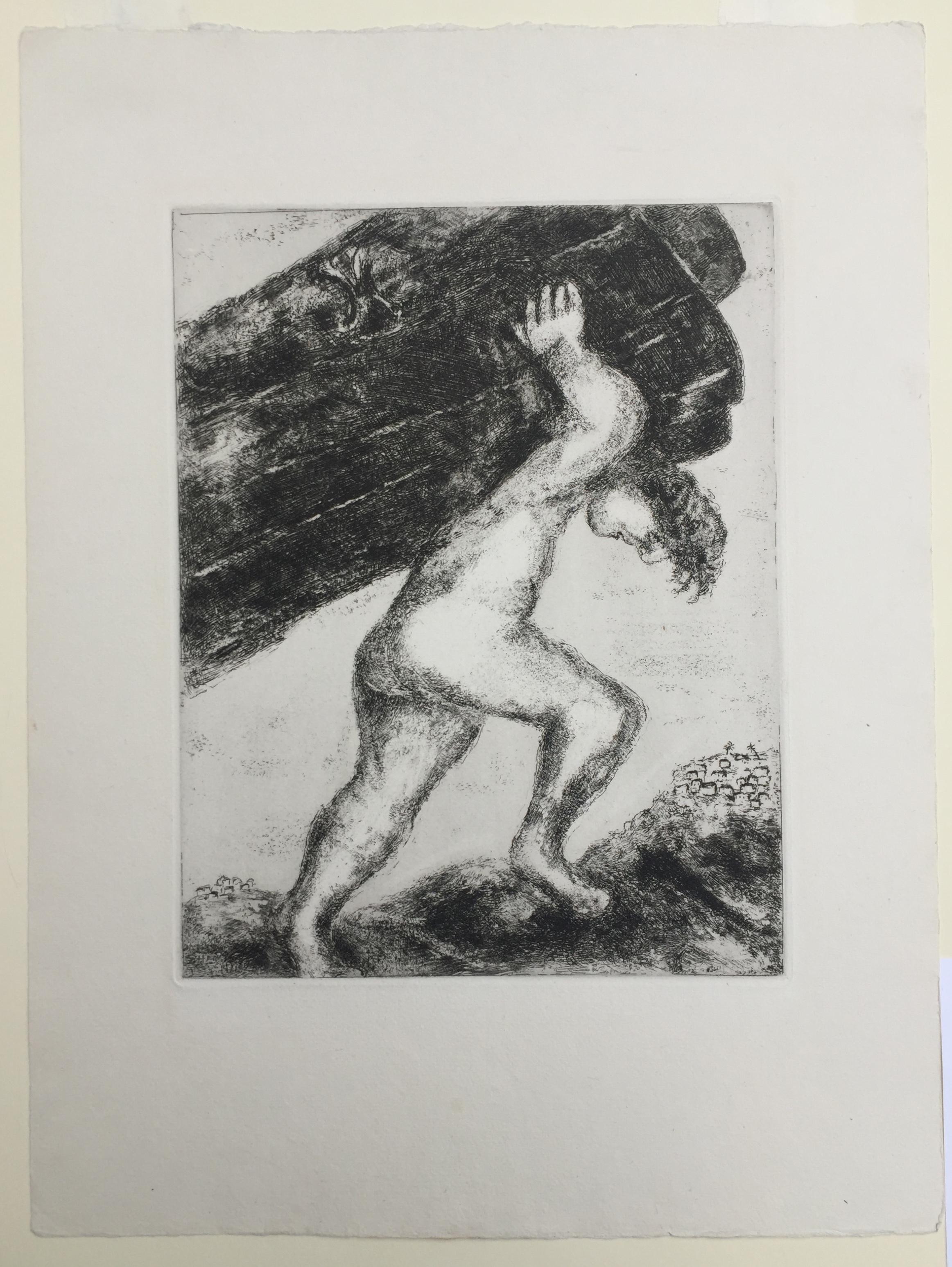 Samson Carrying The Gates of Gaza - Gray Figurative Print by Marc Chagall