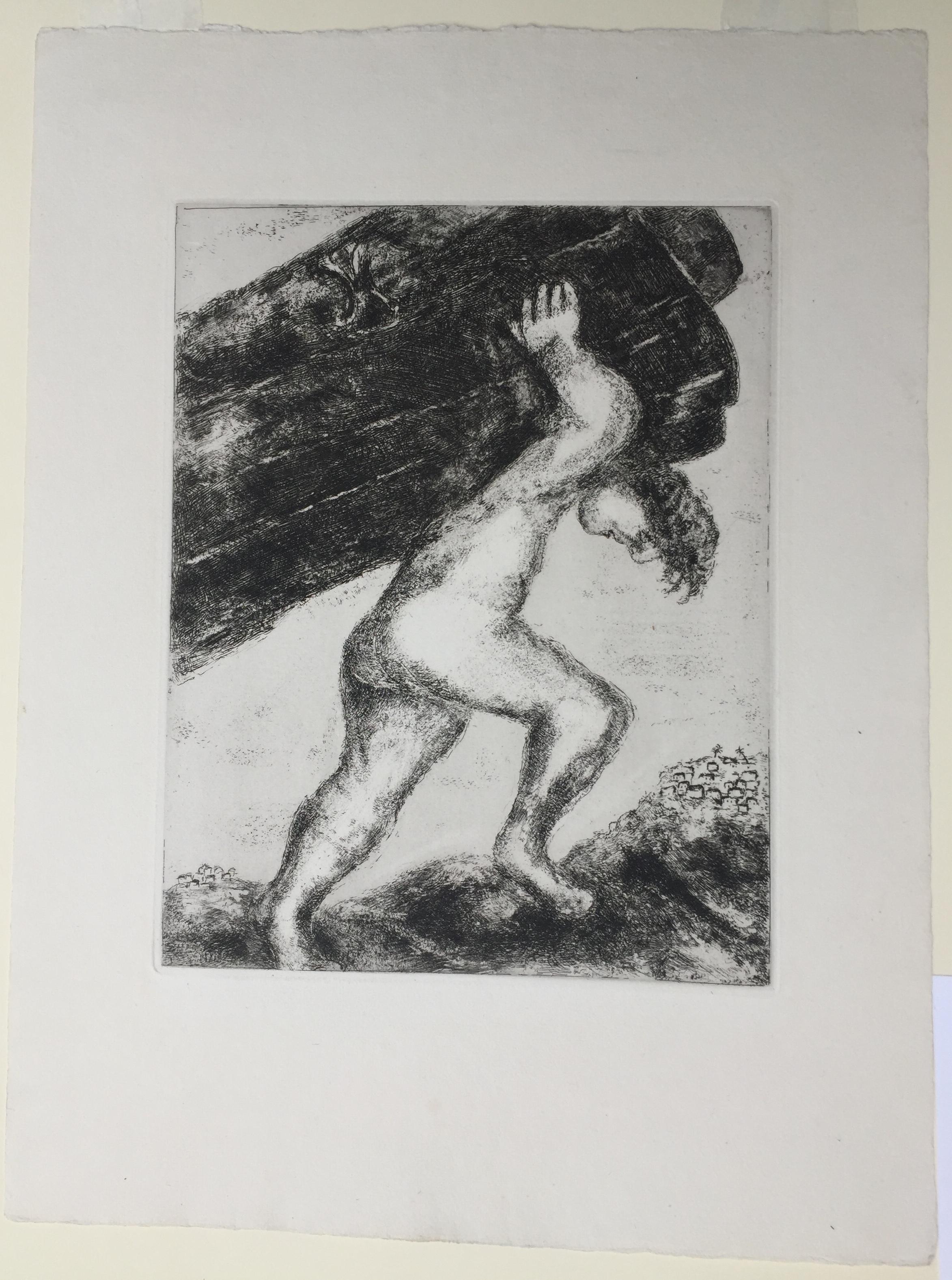 
MARC CHAGALL (1887 – 1985)

SAMSON CARRYING THE  GATES OF GAZA, 1956 (Cramer 29)
Etching and aquatint from the The Bible, Edition 275. Plate, 12 x 9
