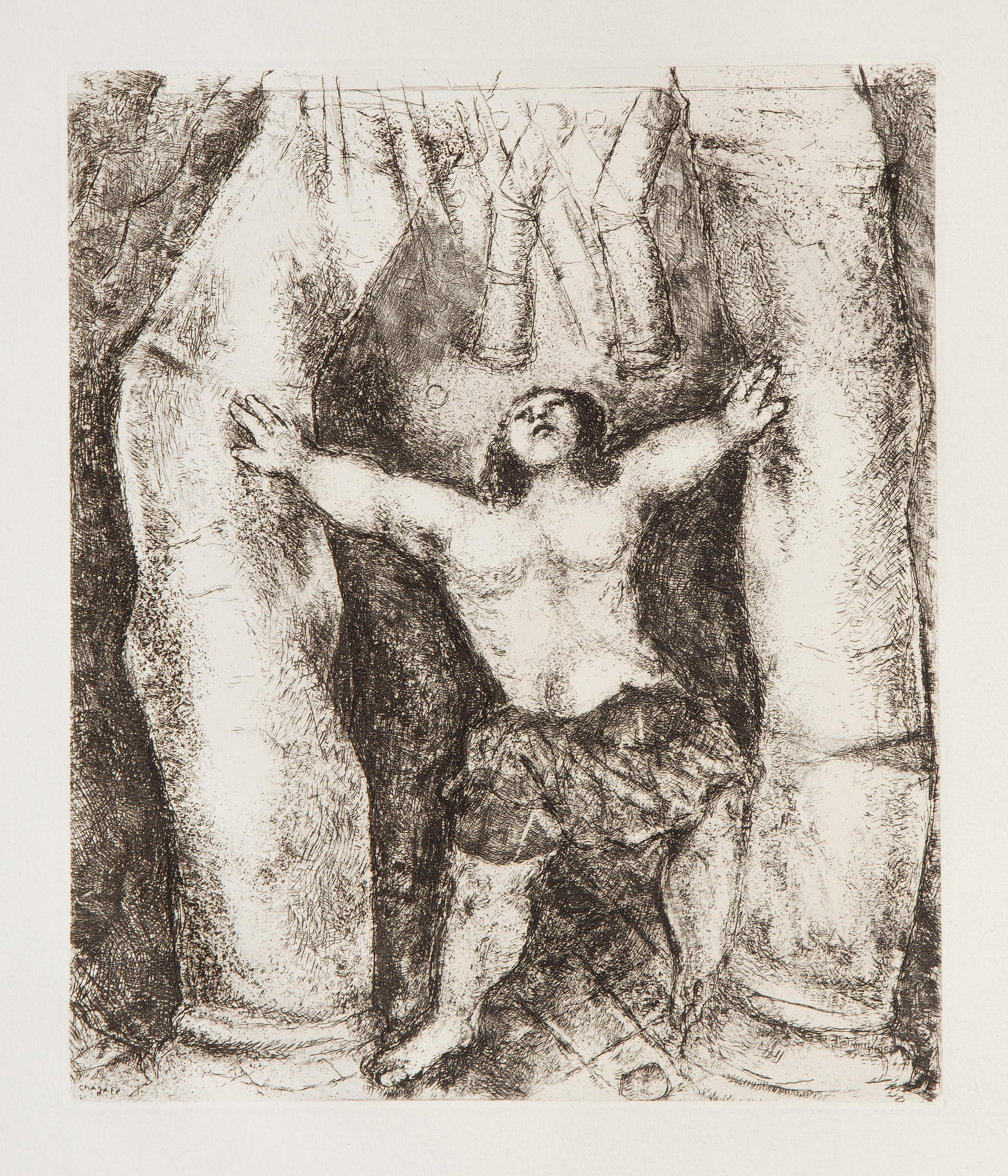  Marc Chagall, Russian (1887 - 1985) -  Samson Overturns the Columns, Portfolio: Bible Series, Year: 1956, Medium: Etching on Montval, Edition: 295, Image Size: 11.5. X 9.75 inches, Size: 17.5 x 13.25 in. (44.45 x 33.66 cm), Printer: Maurice Potin,