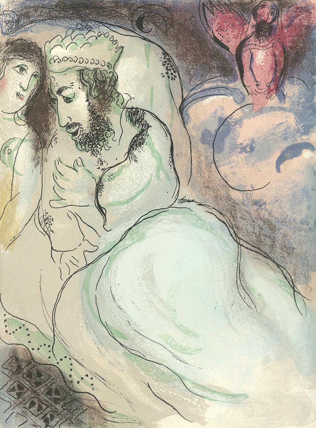 Marc Chagall Figurative Print - 20th century color lithograph man and woman figures red blue green