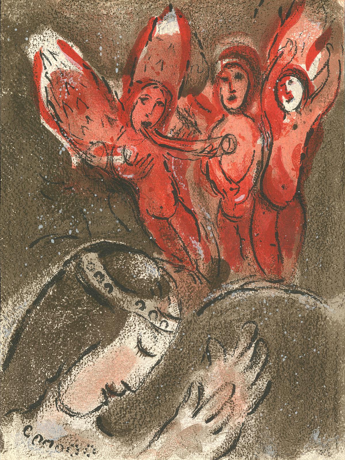 Marc Chagall Figurative Print – ""Sara et les Anges (Sarah und die Engel)," Original farbige Lithographie von Chagall
