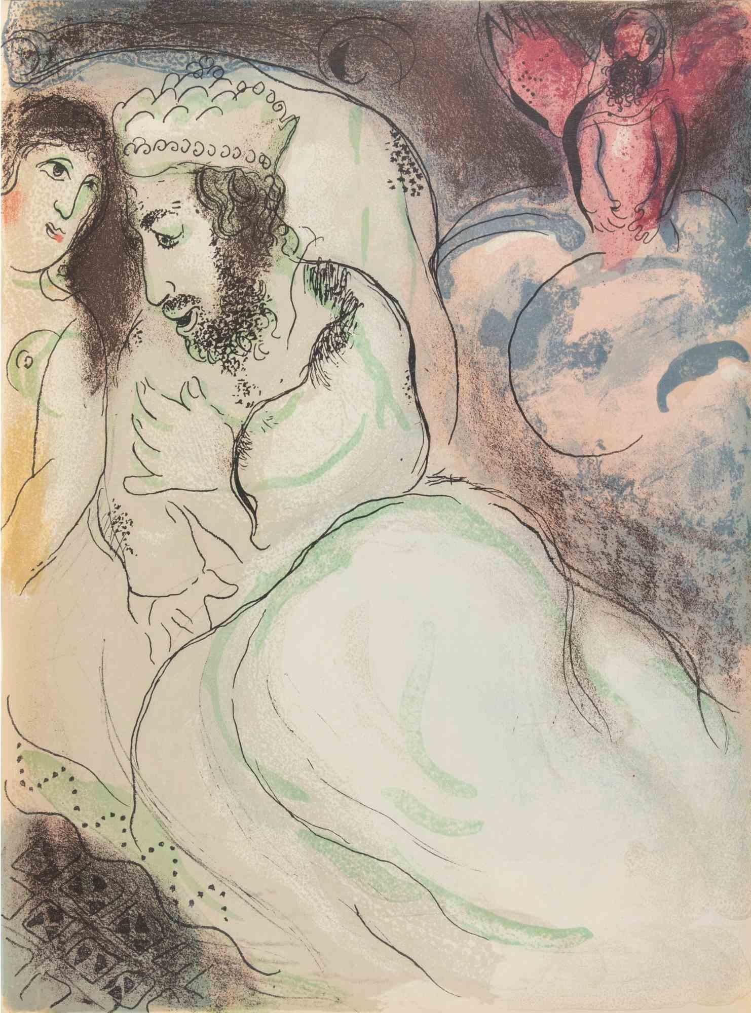 Lithographie en couleur réalisée par Marc Chagall en 1960 pour illustrer "La Bible". 

Édition de 6500 exemplaires, publiée par Tériade dans les numéros 33 et 34 du magazine d'art Verve.

Imprimé par Mourlot et Draeger Frères, Paris.

Réf. Cramer