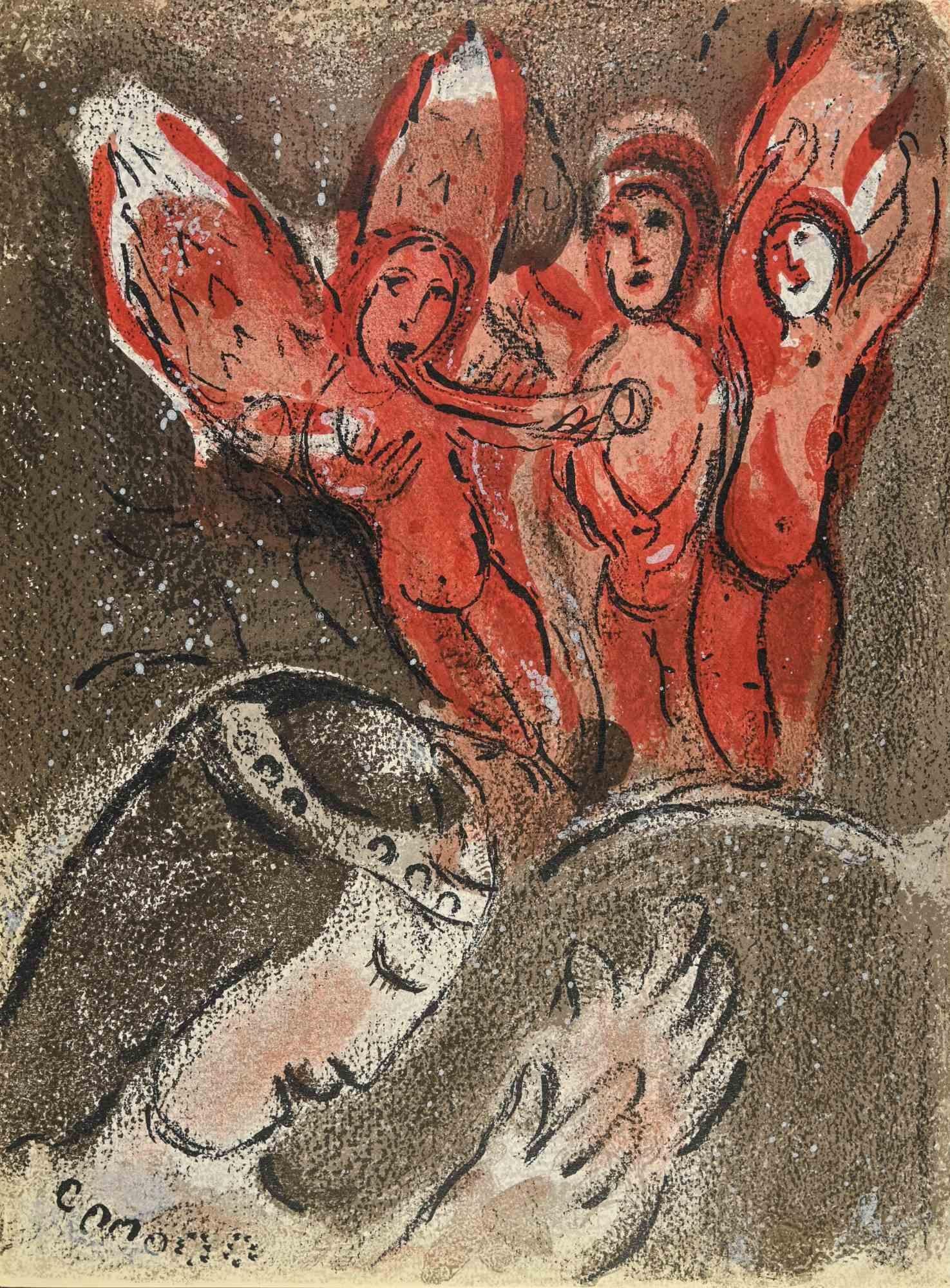 Sarah and the angels is a an artwork from the Series "The Bible", by Marc Chagall in 1960.
Mixed colored lithograph on brown-toned paper, no signature.
Edition of 6500 unsigned lithographs. Printed by Mourlot and published by Tériade, Paris.
Ref.