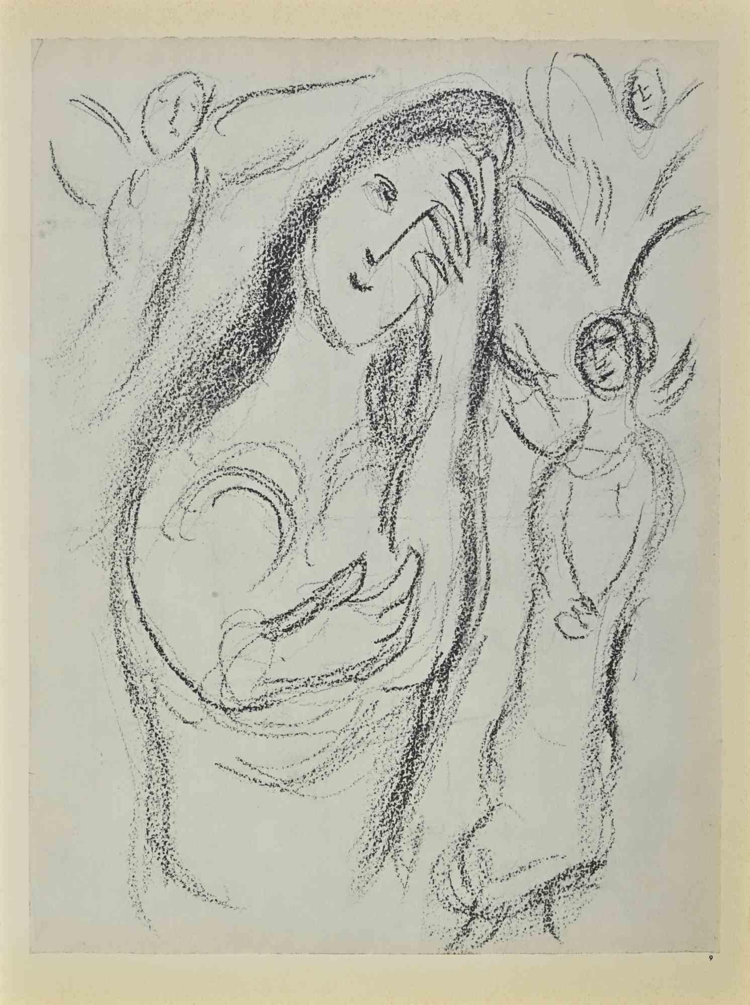 Sarah And The Angels  is an artwork realized by March Chagall, 1960s.

Lithograph on brown-toned paper, no signature.

Lithograph on both sheets.

Edition of 6500 unsigned lithographs. Printed by Mourlot and published by Tériade, Paris.

Ref.