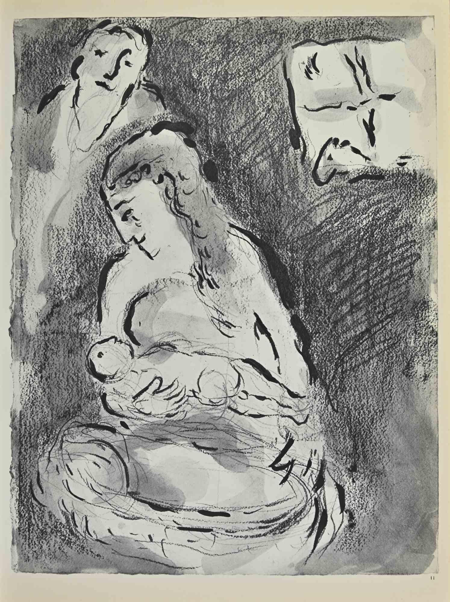 Sarah and Hagar is an artwork realized by March Chagall, 1960s.

Lithograph on brown-toned paper, no signature.

Lithograph on both sheets.

Edition of 6500 unsigned lithographs. Printed by Mourlot and published by Tériade, Paris.

Ref. Mourlot, F.,
