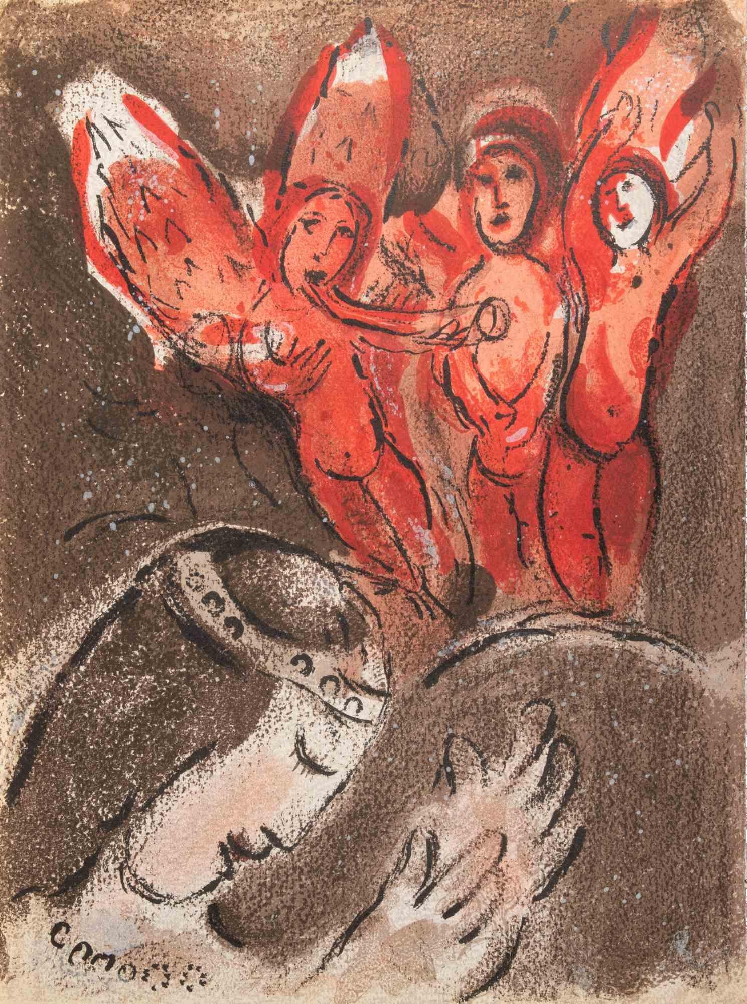 Color lithograph realized by Marc Chagall in 1960 to illustrate "The Bible". 

Edition of 6500, published by Tériade in no. 33 and 34 of the Art Magazine Verve.

Printed by Mourlot and Draeger Frères, Paris.

Ref. Cramer Books 25; Mourlot 117-146