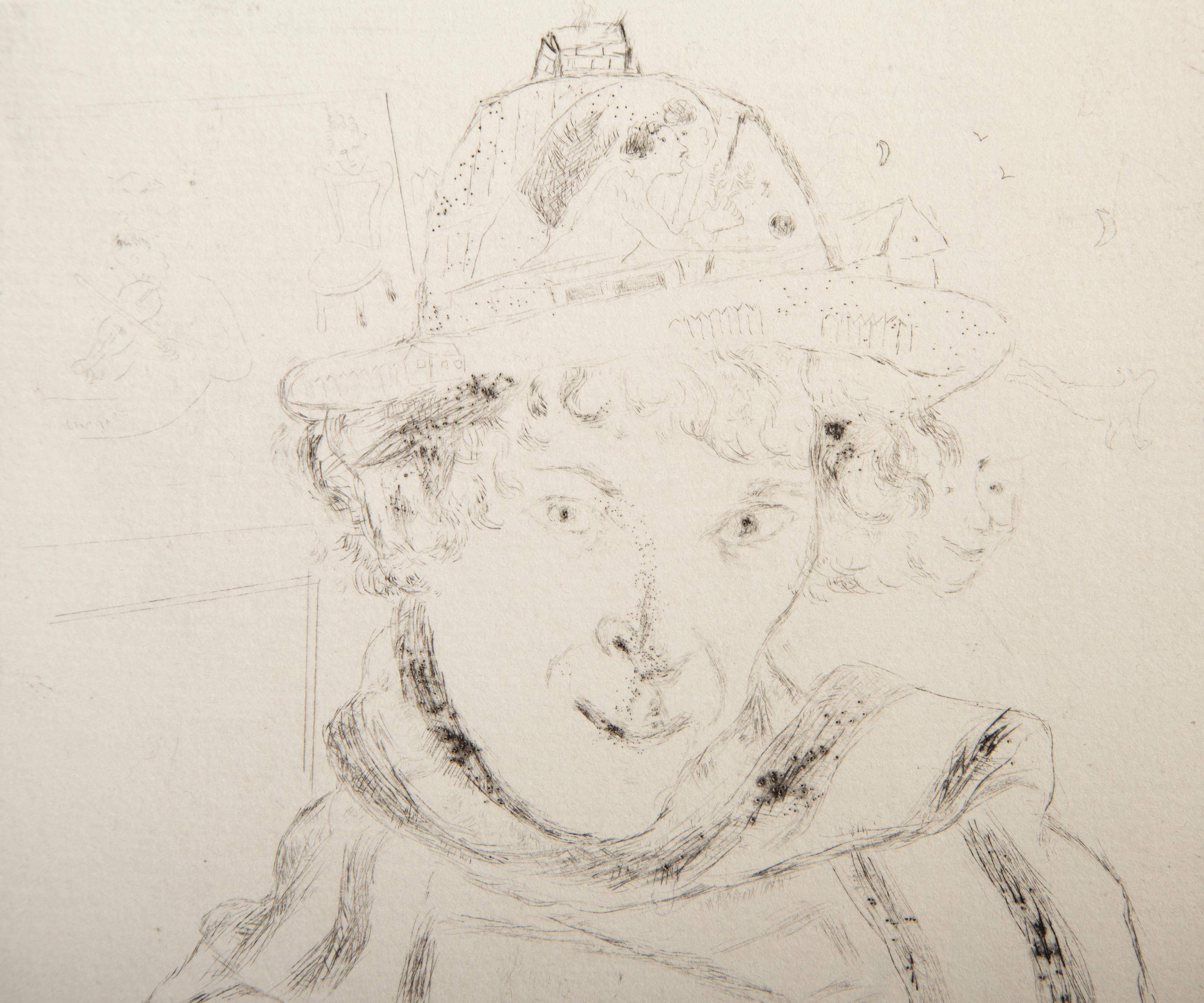 Self Portrait with Decorated Hat, Surrealist Etching by Marc Chagall For Sale 1