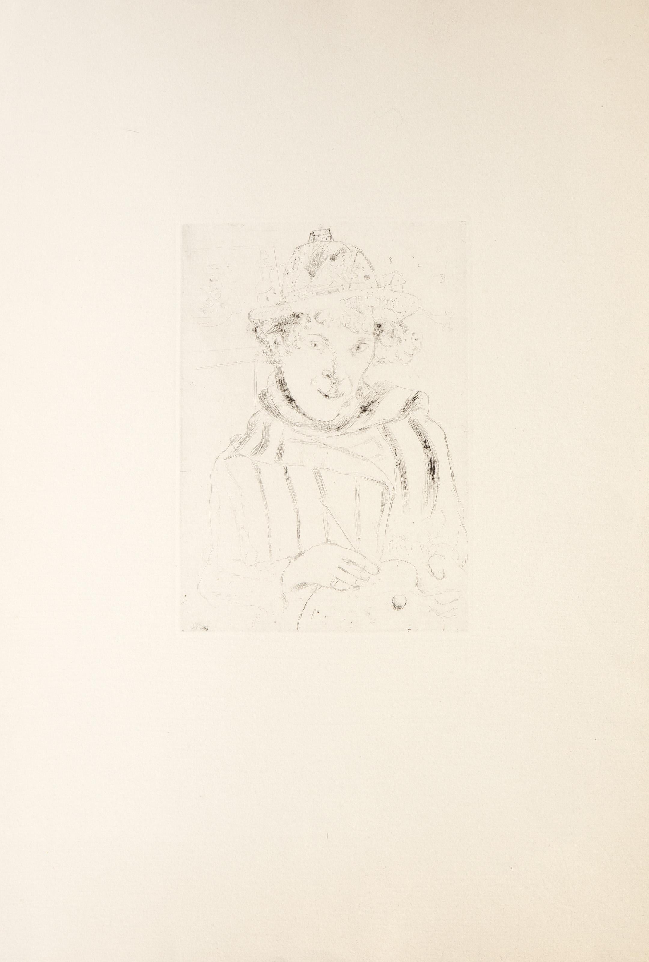 Self Portrait with Decorated Hat, Surrealist Etching by Marc Chagall For Sale 3
