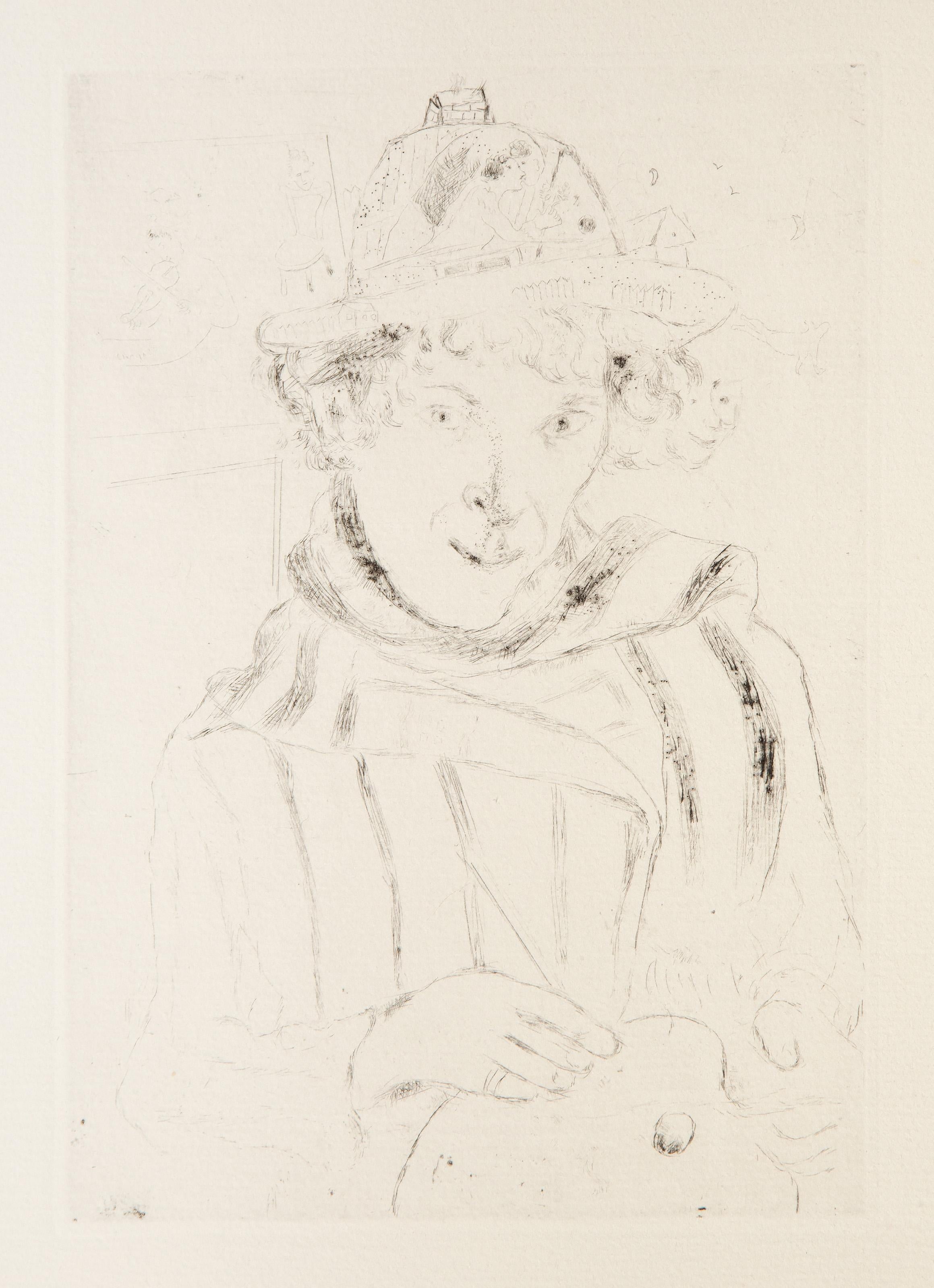  Marc Chagall, Russian (1887 - 1985) -  Self Portrait with Decorated Hat, Year: 1928, Medium: Etching on Wove Paper, Edition: 560, Image Size: 8 x 5.75 inches, Size: 19 x 13 in. (48.26 x 33.02 cm), Printer: Louis Fort, Paris, Reference: Cramer 10,