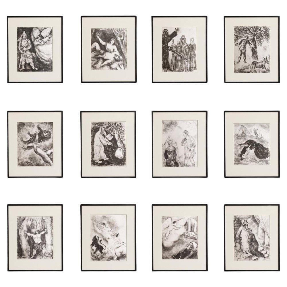 Discover a stunning set of black and white heliogravure prints by the renowned Marc Chagall, capturing his unique interpretation of a biblical theme with his signature dreamlike style. 

This prints are from the Verve publication series, originally